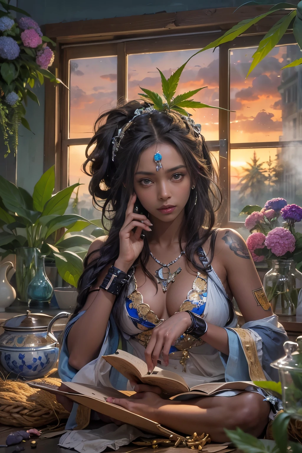 ((determined ((dark-skinned ((Haitian)) female exorcist with colorful freeform braided hairstyle)) rolling up herbal joint while waiting for tea to boil, (wearing detailed flowing mystical exorcist outfit), (cannabis flower tattoos on arms and legs), high quality photo, relaxing and smoking in the kitchen (with copious tall cannabis sativa plants and hydrangeas surrounding scene with foggy sunrise visible through large glass window), masterpiece, highly detailed, perfect face
