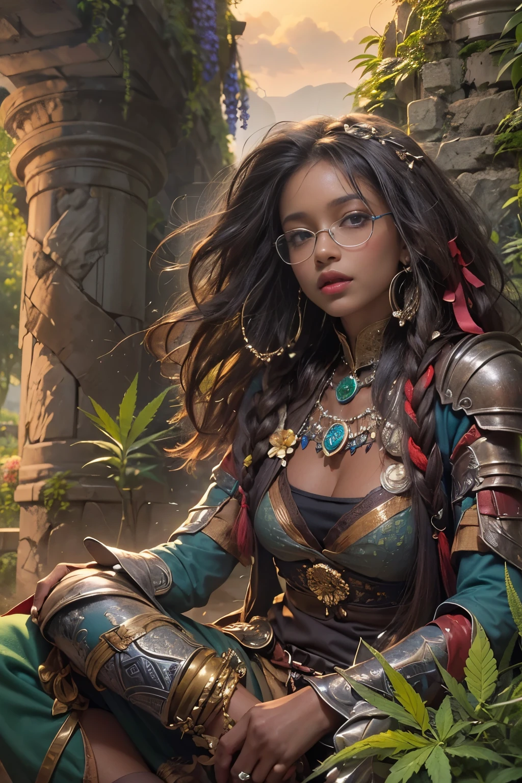 ((determined ((dark-skinned ((Haitian)) female mystic knight with freeform braided hairstyle wearing glasses)) rolling up herbal joint while sitting on stone pillar in front of crumbling cave ruins, (wearing detailed tarnished layered knight's armor), (visible cannabis flower tattoos), high quality photo, relaxing and smoking in front of the ruins (with copious tall cannabis sativa plants and hydrangeas surrounding scene with gorgeous colorful sunrise), masterpiece, highly detailed, perfect face