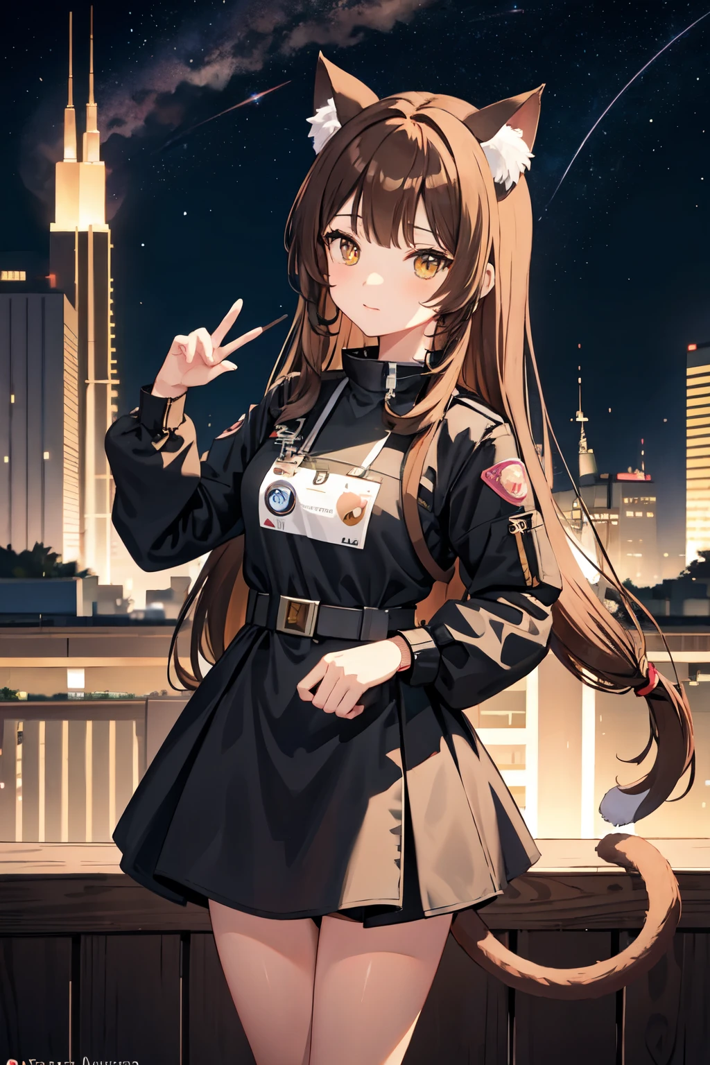 neko, cat ears, cat tail, brown hair, 1girl, black dress, sakura view, colony view, city view, anatomically correct, masterpiece, space station 13, pilot lieutenante, catgirl, space, space ship, space ship bridge, long hair, adult character, name badge, name "Elvy"