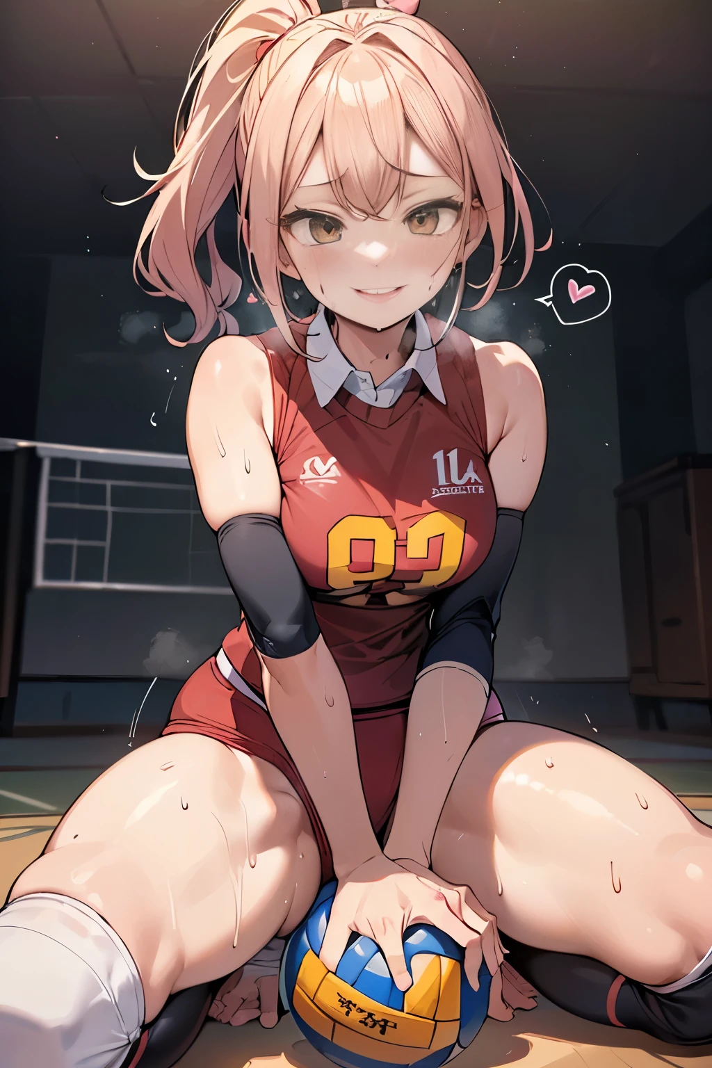 unity 8k wallpaper, anatomically correct, (((masterpiece))), (((best quality))), (((ultra detailed))), (((high-resolution))), ((Ultimate cutie)), perfect hands, perfect finger, (((good anatomy))), detailed beautiful face, shiny hair, (((gyaru))), (potbelly), (curvy), medium breasts, ((Thick thighs)), (((solo))), ((seductive smile)), (((blush))),
BREAK, (((sit astride the perfectly spherical shape 6-inch volleyball))), (((Straddling a perfectly spherical 6" volleyball))), (((Perfectly spherical 6" volleyball fits perfectly crotch))), BREAK, (((Rub the Perfectly spherical 6" volleyball against crotch))),
BREAK, (Collared volleyball uniforms), sleeveless, ((buruma)), ((kneepad)), pussy juice stained, (elbow pad), (((sweat))), (((covered in sweat))), ((deep breathing)), in Volleyball Court, indoor, lighting, looking at viewer, full body, (spoken heart)