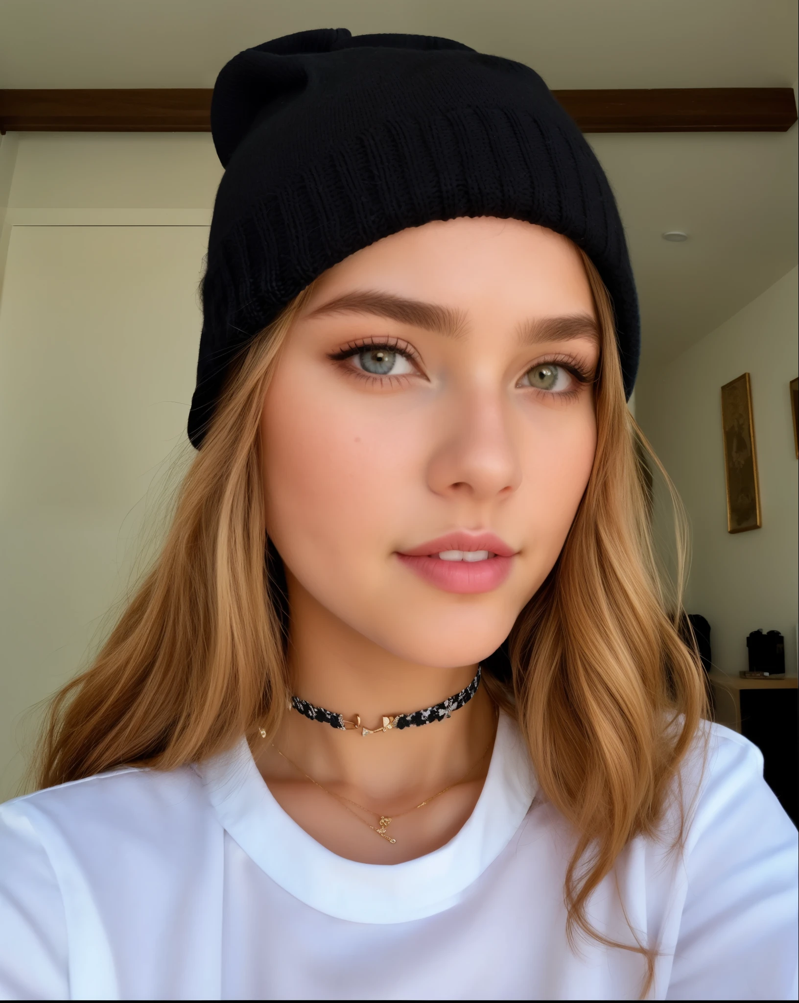 puffy woman with black hat and white shirt taking a selfie, sem maquiagem, Retrato de Sophie Mudd, 18 anos de idade, usando um gorro, with black hat on head, rosto perfeito!!, 1 6 anos, wearing a cute hat, ela tem um rosto fofo, wearing a choker and a cute hat, usando gorro, rosto perfeito and boy