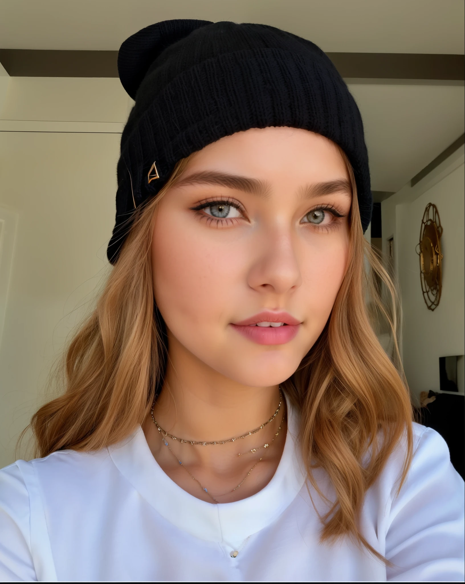 puffy woman with black hat and white shirt taking a selfie, sem maquiagem, Retrato de Sophie Mudd, 18 anos de idade, usando um gorro, with black hat on head, rosto perfeito!!, 1 6 anos, wearing a cute hat, ela tem um rosto fofo, wearing a choker and a cute hat, usando gorro, rosto perfeito and boy