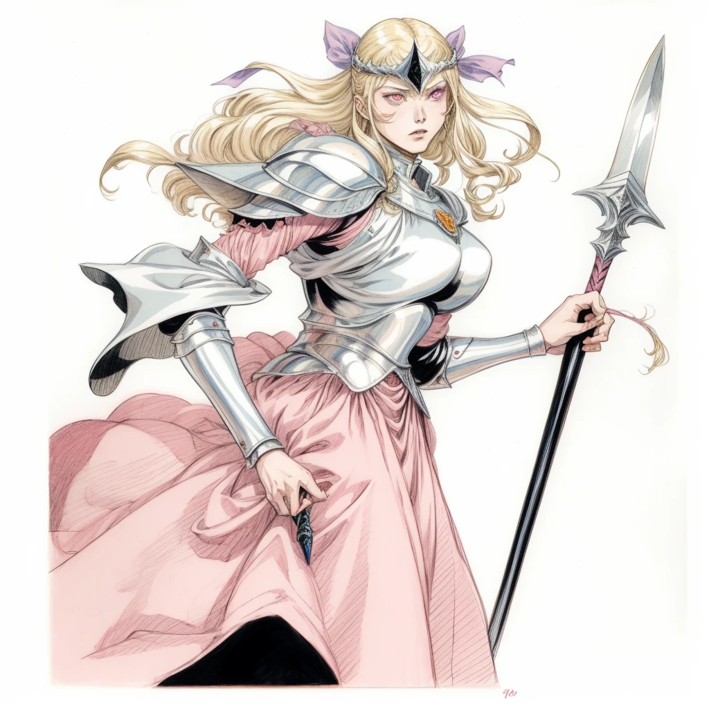 a drawing of a woman in a pink dress holding a sword, jeffrey jones, inspired by Li Chevalier, female knight, style of yoshitaka amano, griffith from berserk, claire wendling, in travis charest style, claymore, by Yoshitaka Amano, yoshitaka amano character design, portrait knight female, scary knight