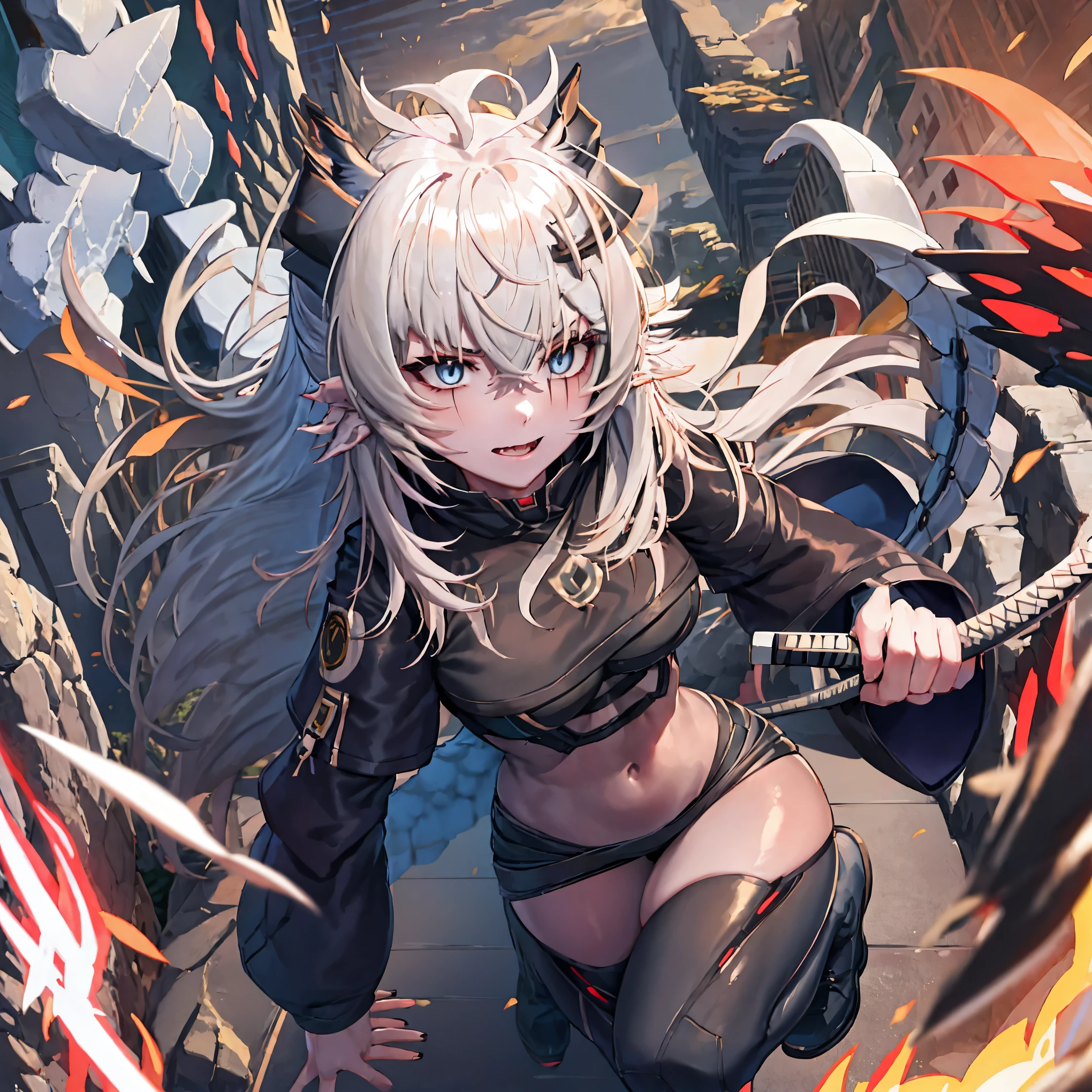 masterpiece, shoulder length white hair, female,2 white fox ears, teenage girl, body, white scale dragon tail, military boots,black leggings, military combat pants, black T-shirt, white jacket open, medium size chest, detailed blue eyes,solo female,1 dragon tail, tomboyish, thick dragon tail, white scales, 2 dragon wings, white fluffy dragon wings, detailed face, holding a katana sword,very detailed, amazing details,solo female