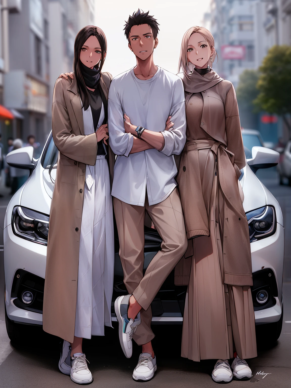 three people standing next to a car in a city street, casual modern clothing, modern casual clothing, casual clothing style, photoshoot, fullbody or portrait, shot on nikon z9, taupe, profile picture 1024px, khyzyl saleem, couple, full body picture