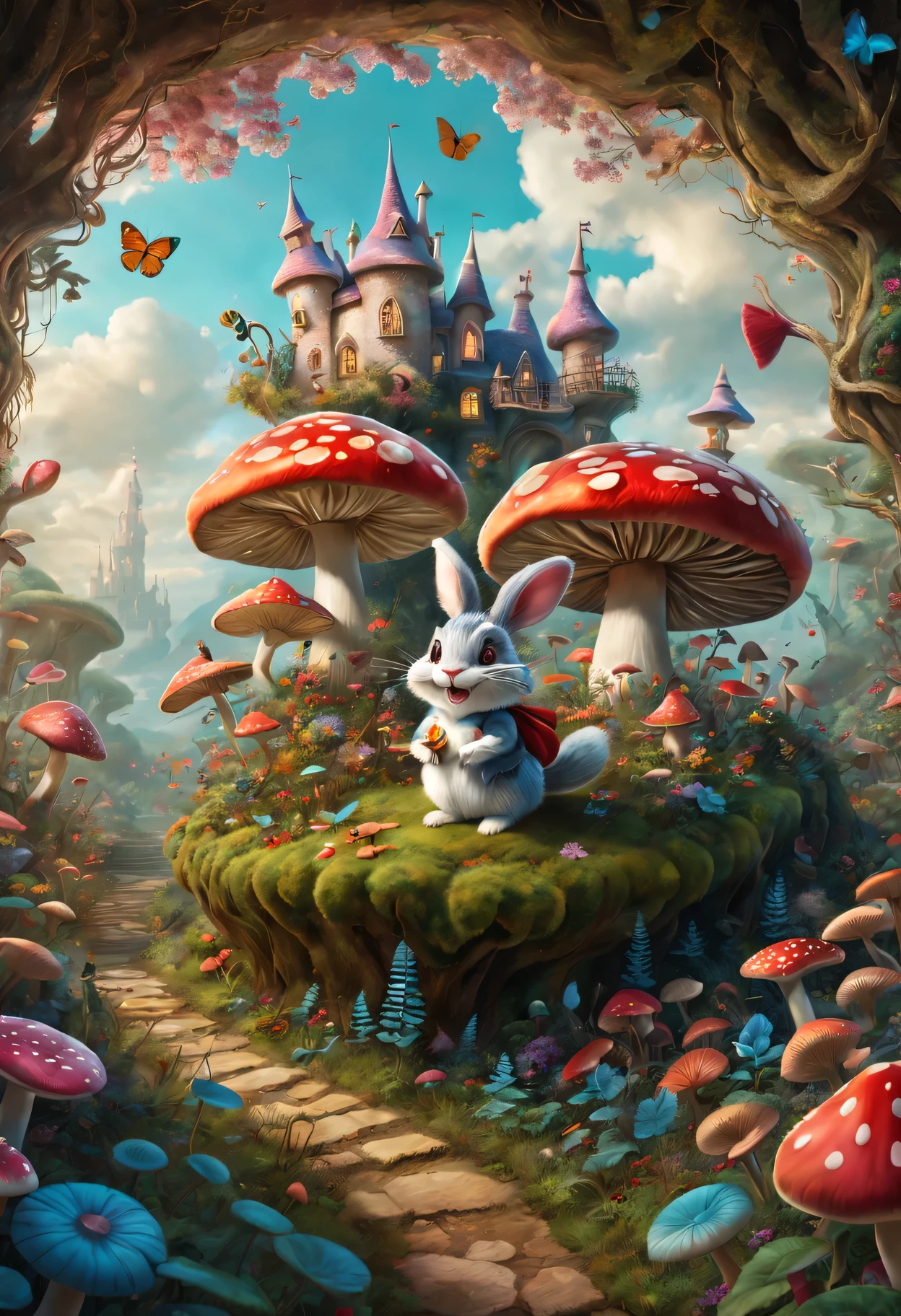 best quality,4K,8k,high resolution,masterpiece:1.2,super detailed,actual:1.37,In Wonderland,illustration,Colorful scenery,Rabbit hole,enchanted forest,magic mushrooms,Curious Alice,dream pictures,whimsical characters,Enter the crazy tea ,floating playing cards,Queen of Hearts Castle,Caterpillar smoking hookah on mushroom,Curious creatures hiding in the bushes,Cheshire cat mischievous smile,Dancing flowers and talking animals,feels,Surrealism,imagination,文艺复兴时期的灵feels,Soft and warm color palette,Fantastic lighting