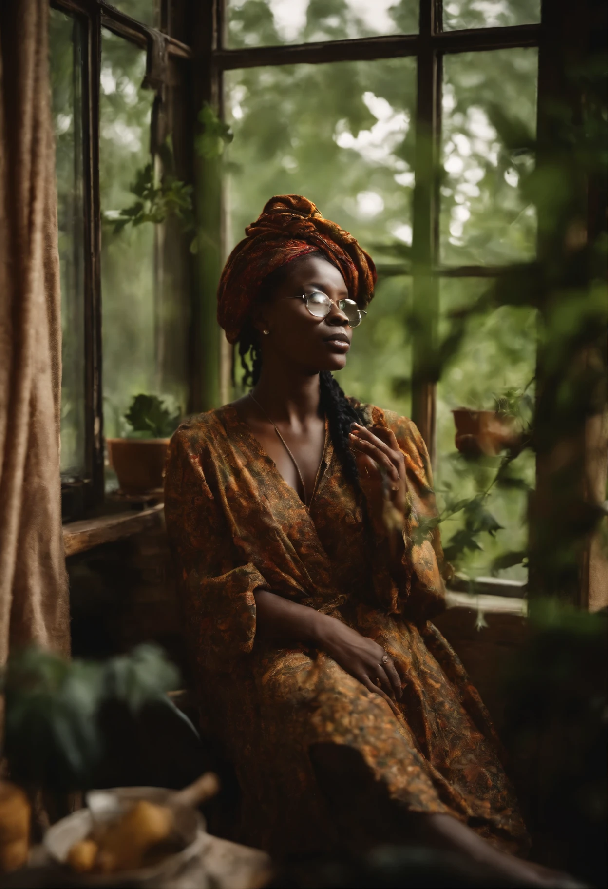 ((determined ((dark-skinned ((Haitian)) female exorcist with freeform braided hairstyle wearing glasses)) rolling up herbal joint while waiting for tea to boil, (wearing detailed flowing outfit), ( flower tattoos on arms and legs), high quality photo, relaxing and smoking in the kitchen (with copious tall  sativa plants and hydrangeas surrounding scene with foggy sunrise visible through large glass window), masterpiece, highly detailed, perfect face