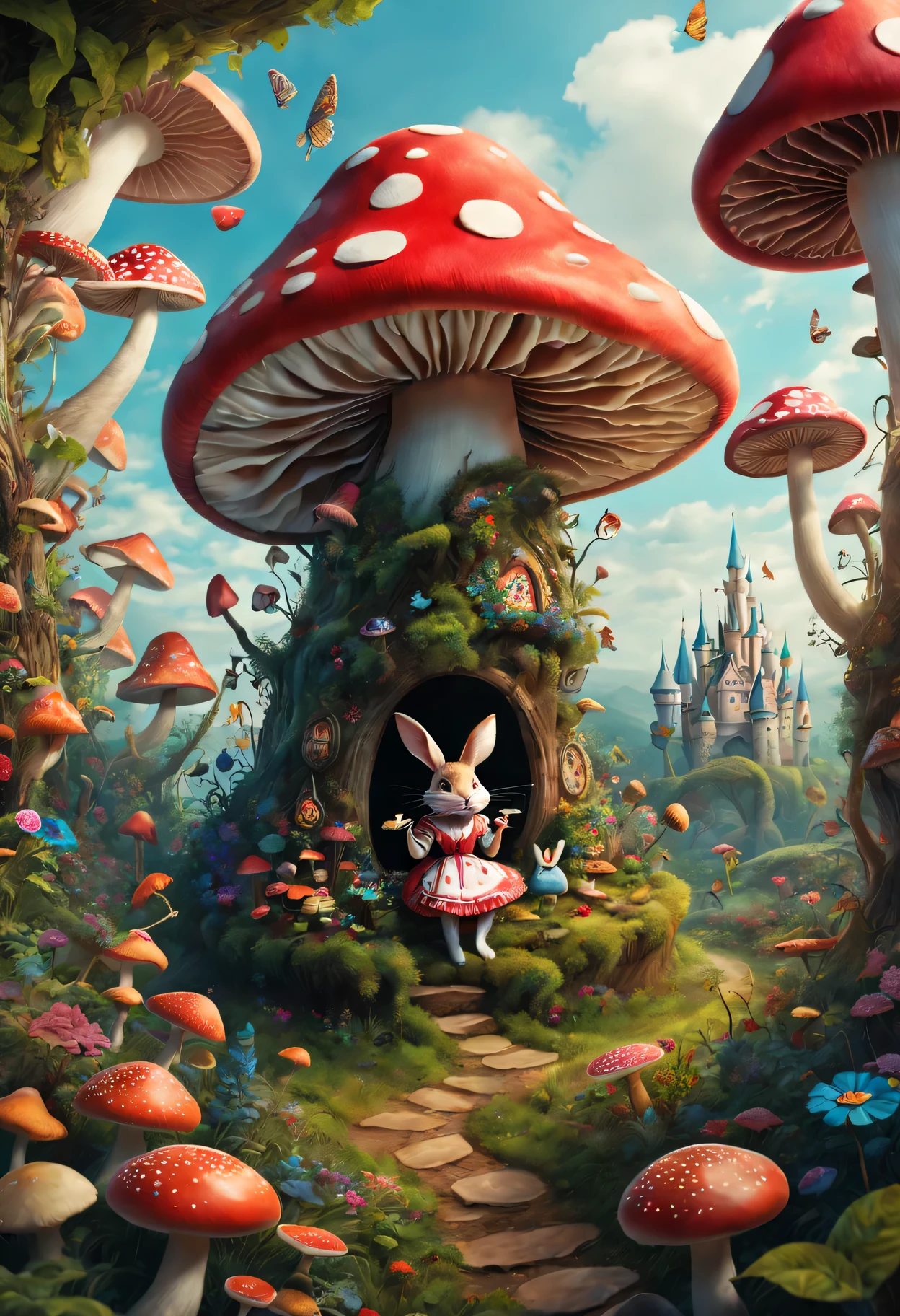 best quality,4K,8k,high resolution,masterpiece:1.2,super detailed,actual:1.37,In Wonderland,illustration,Colorful scenery,Rabbit hole,enchanted forest,magic mushrooms,Curious Alice,dream pictures,whimsical characters,Enter the crazy tea ,floating playing cards,Queen of Hearts Castle,Caterpillar smoking hookah on mushroom,Curious creatures hiding in the bushes,Cheshire cat mischievous smile,Dancing flowers and talking animals,feels,Surrealism,imagination,文艺复兴时期的灵feels,Soft and warm color palette,Fantastic lighting