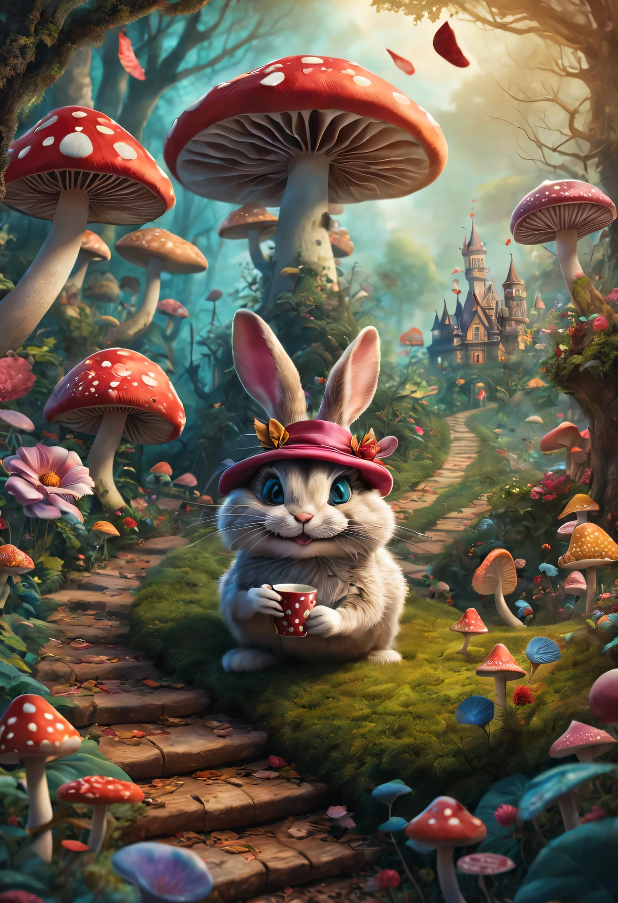 best quality,4K,8k,high resolution,masterpiece:1.2,super detailed,actual:1.37,In Wonderland,illustration,Colorful scenery,Rabbit hole,enchanted forest,magic mushrooms,Curious Alice,dream pictures,whimsical characters,Enter the crazy tea ,floating playing cards,Queen of Hearts Castle,Caterpillar smoking hookah on mushroom,Curious creatures hiding in the bushes,Cheshire cat mischievous smile,Dancing flowers and talking animals,feels,Surrealism,imagination,文艺复兴时期的灵feels,Soft and warm color palette,Fantastic lighting