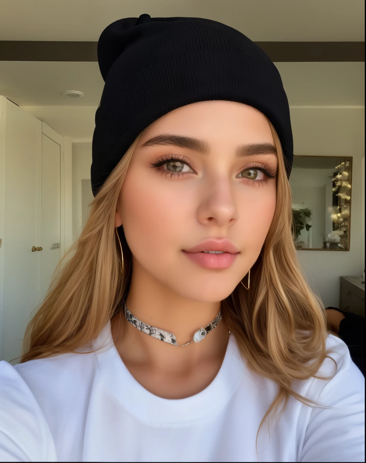 puffy woman with black hat and white shirt taking a selfie, sem maquiagem, Retrato de Sophie Mudd, 18 anos de idade, usando um gorro, with black hat on head, rosto perfeito!!, 1 6 anos, wearing a cute hat, ela tem um rosto fofo, wearing a choker and a cute hat, usando gorro, rosto perfeito and boy