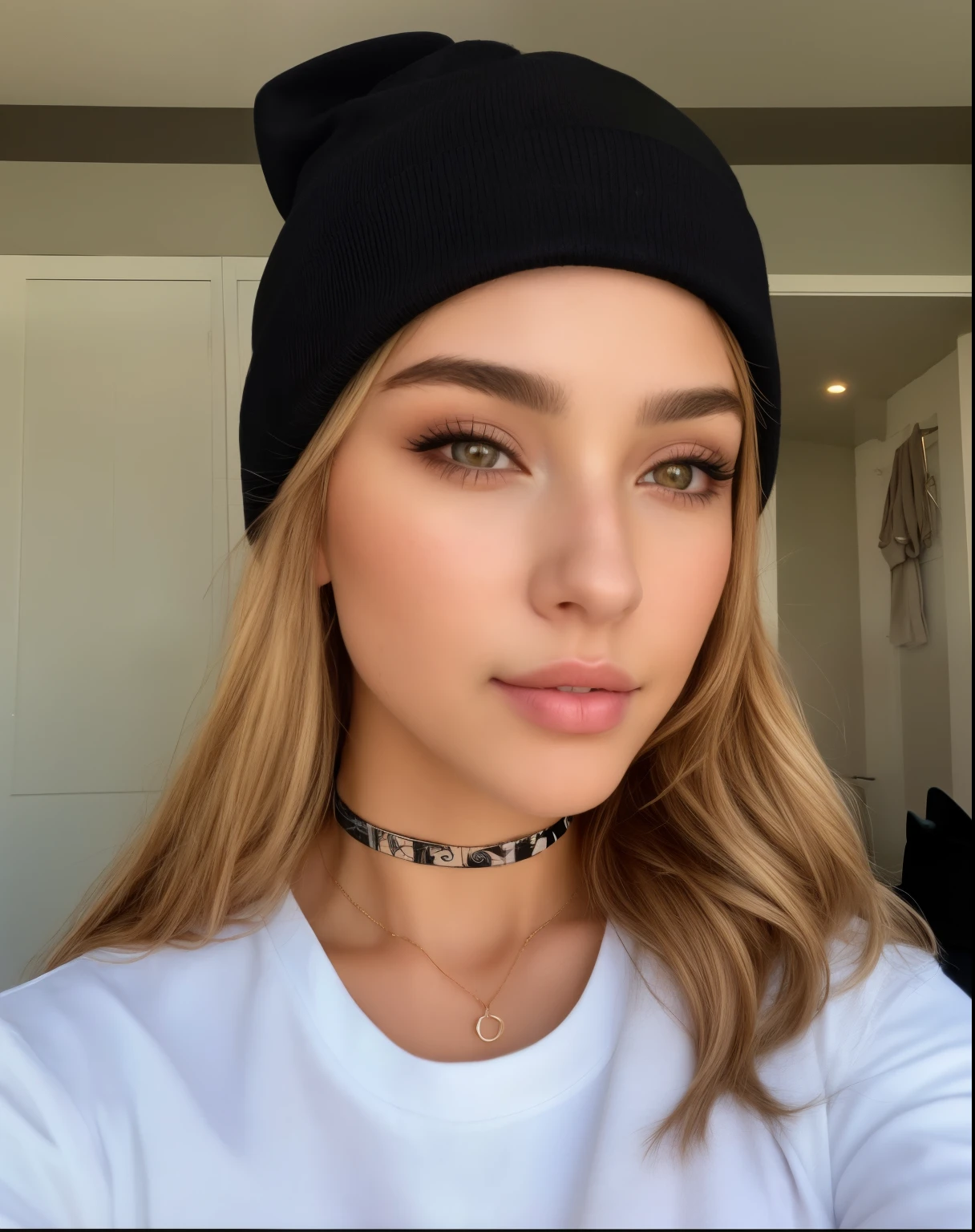 puffy woman with black hat and white shirt taking a selfie, sem maquiagem, Retrato de Sophie Mudd, 18 anos de idade, usando um gorro, with black hat on head, rosto perfeito!!, 1 6 anos, wearing a cute hat, ela tem um rosto fofo, wearing a choker and a cute hat, usando gorro, rosto perfeito and boy