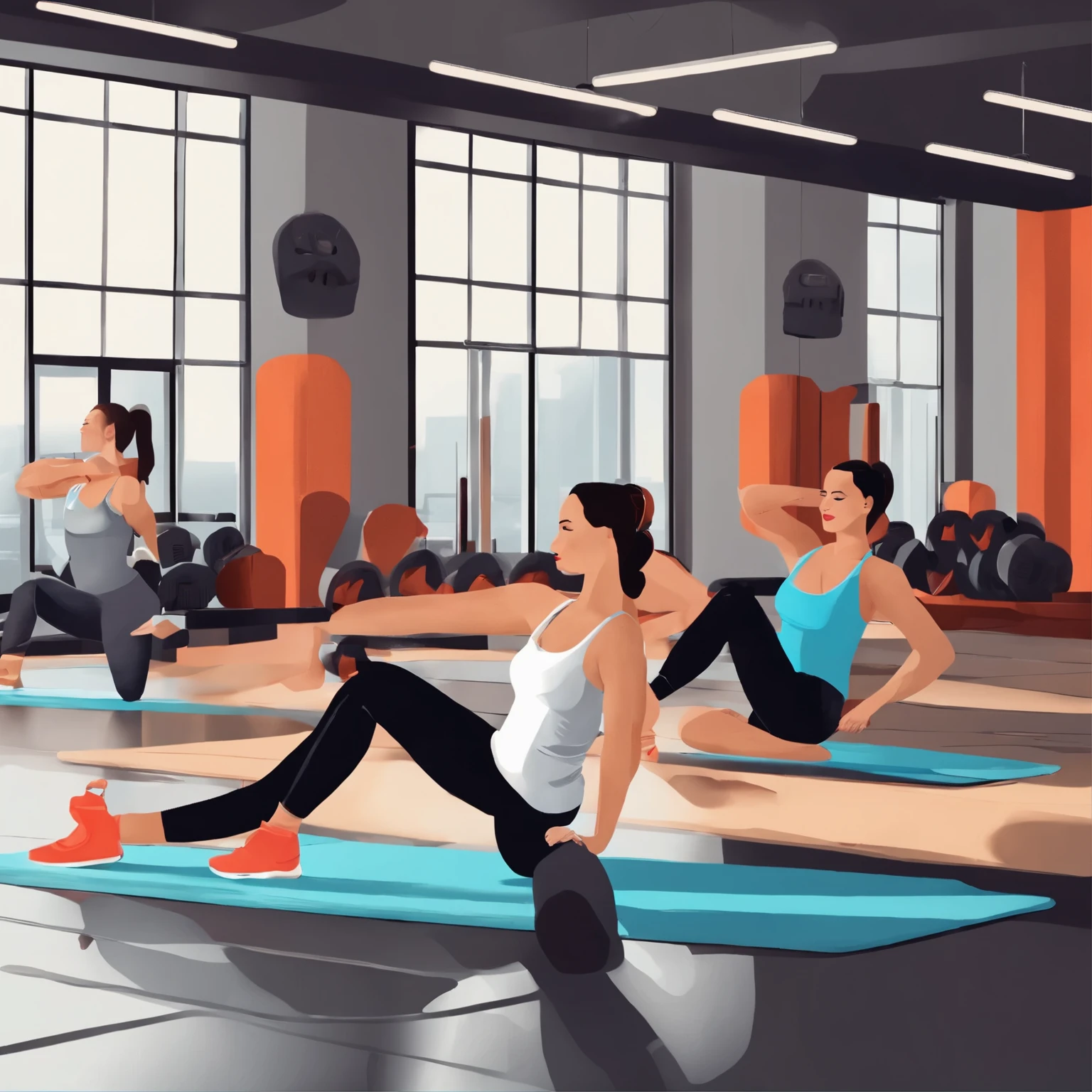 Clip-art  3 women in gym from which 2 are tired and sitting on the floor and only 1 is actively working out, place the actively working out women in middle