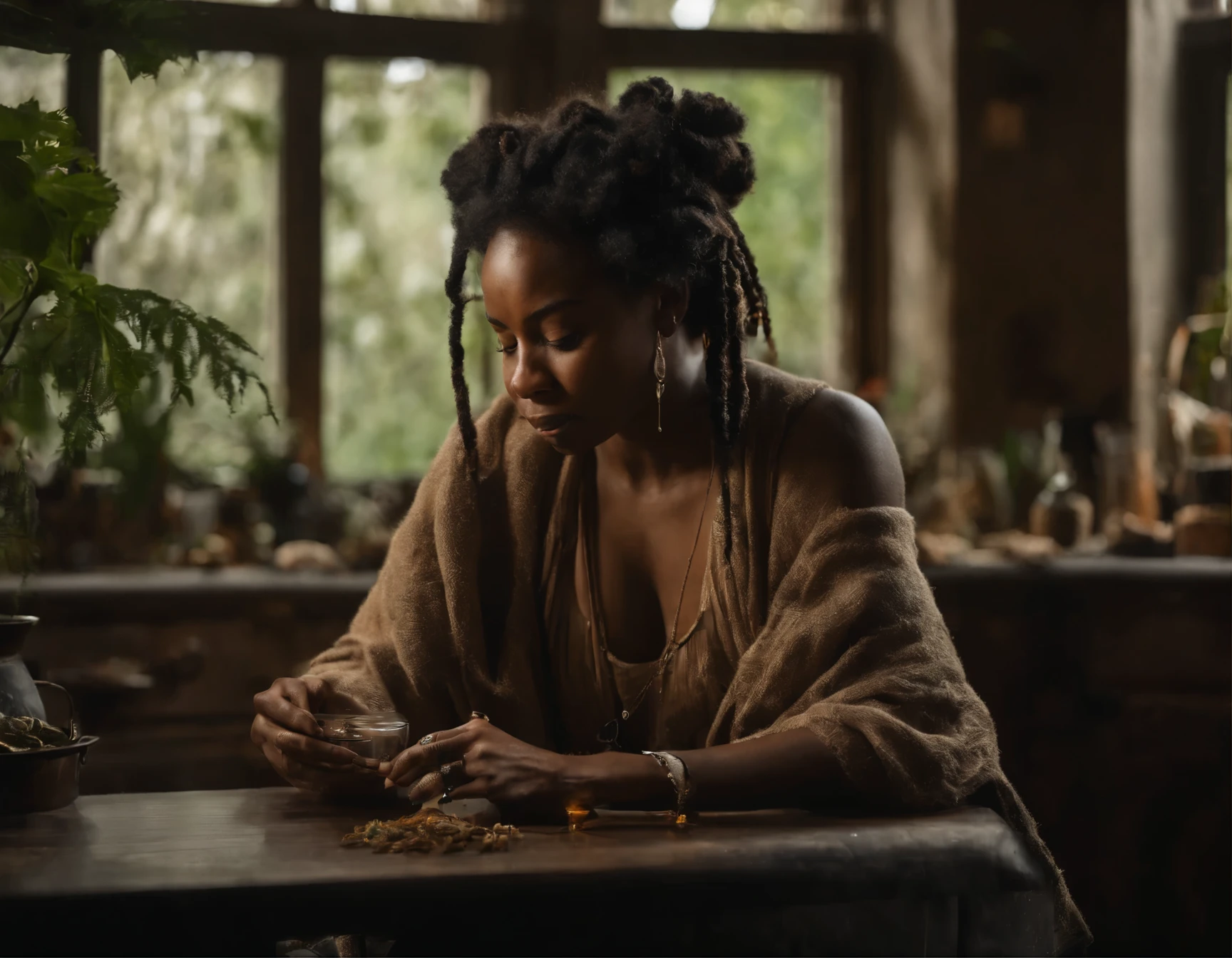 ((determined ((dark-skinned ((Haitian)) female exorcist with freeform braided hairstyle wearing glasses)) rolling up herbal joint while waiting for tea to boil, (wearing detailed flowing outfit), ( flower tattoos on arms and legs), high quality photo, relaxing and smoking in the kitchen (with copious tall  sativa plants and hydrangeas surrounding scene with foggy sunrise visible through large glass window), masterpiece, highly detailed, perfect face