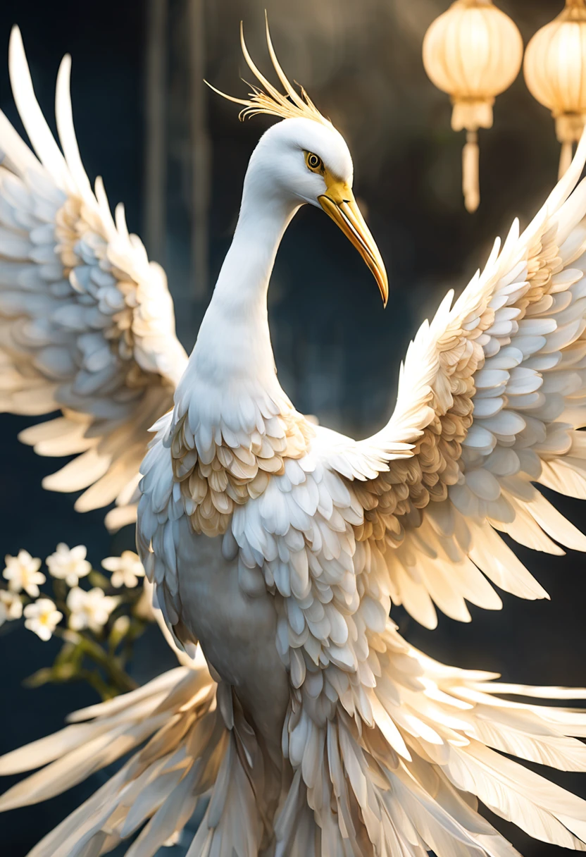 
        Crane(close up) Anatomically correct dreamy magical light bright wings gently flapping，Dance    神奇动物 展示著它們華麗的舞蹈，

           Dance，繪畫出一幅美麗的圖畫  光影 艺术 masterpiece、Quality content is very detailed、Dynamic angles and elegant atmosphere with intricate details, masterpiece, beautiful. lifelike,