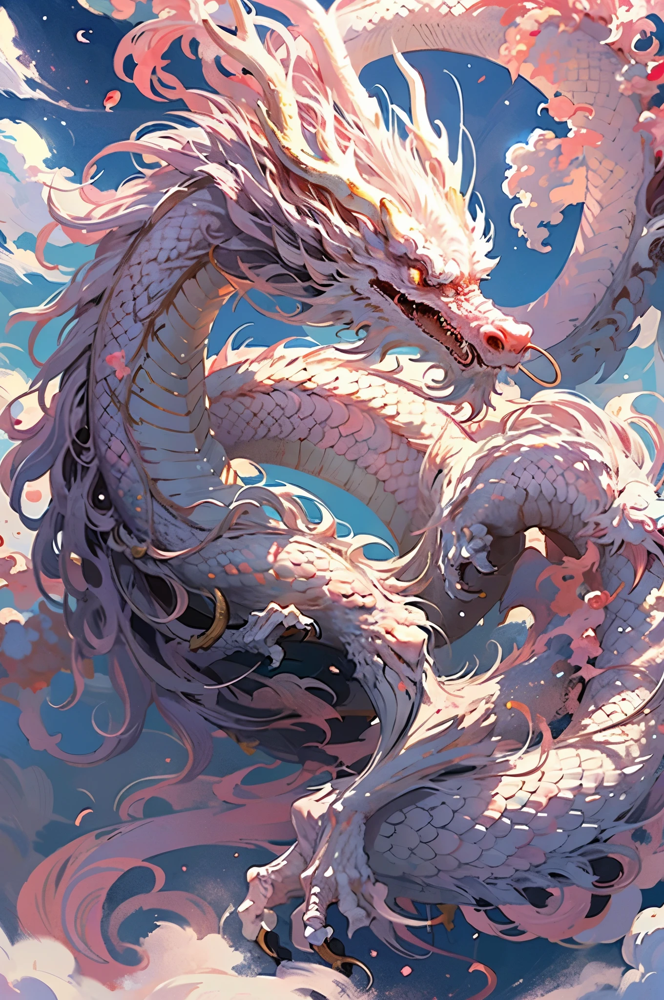 logo、masterpiece、(white background:1)、White dragon surrounded by white clouds、golden horns and beard、pink cherry tree、petal、Wind、god々、long wavy body、tooth、fantasy、god話、high quality、very detailed、masterpiece、narrative poem、particle effects、dynamic effect、sun on background