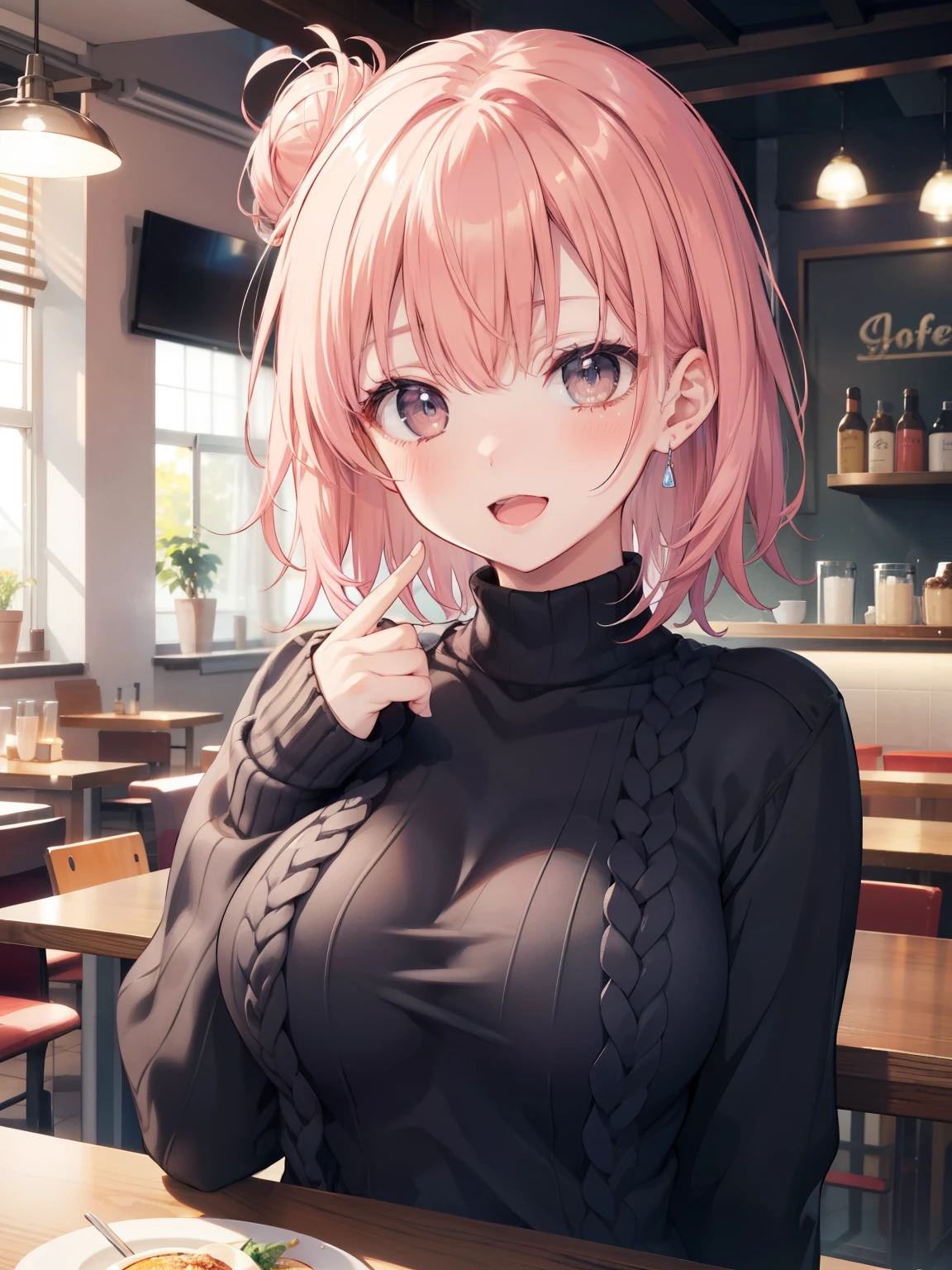 Yuigahama Yui, short hair, brown eyes, Pink hair, single bun hair,
1girl,
looking at viewer,
(masterpiece:1.2), highest quality, High resolution, unity 8k wallpaper, (beautiful and fine eyes), highly detailed face, perfect lighting, Very detailed CG, (perfect anatomy),
blush, smile, open mouth,
large breasts, focus breasts, Heavy breasts,
upper body,
Gray knitted sweater,
Cafe Background, blur the background,