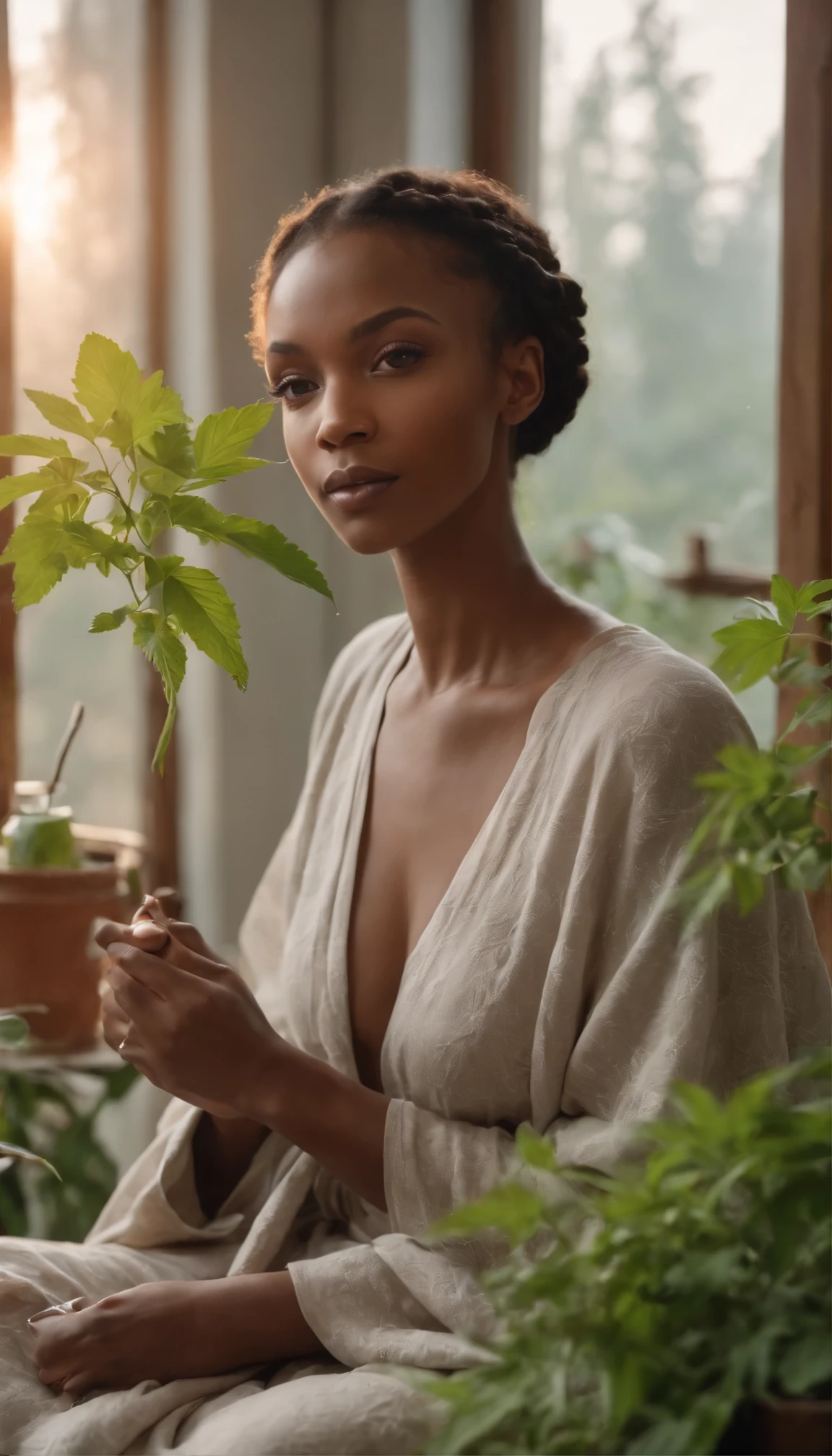 ((determined ((dark-skinned ((Haitian)) female wizard with freeform braided hairstyle wearing glasses)) rolling up herbal joint while waiting for tea to boil, (wearing detailed flowing wizard's robe), (cannabis flower tattoos on arms and legs), high quality photo, relaxing and smoking in the kitchen (with copious tall cannabis sativa plants and hydrangeas surrounding scene with foggy sunrise visible through large glass window), masterpiece, highly detailed, perfect face