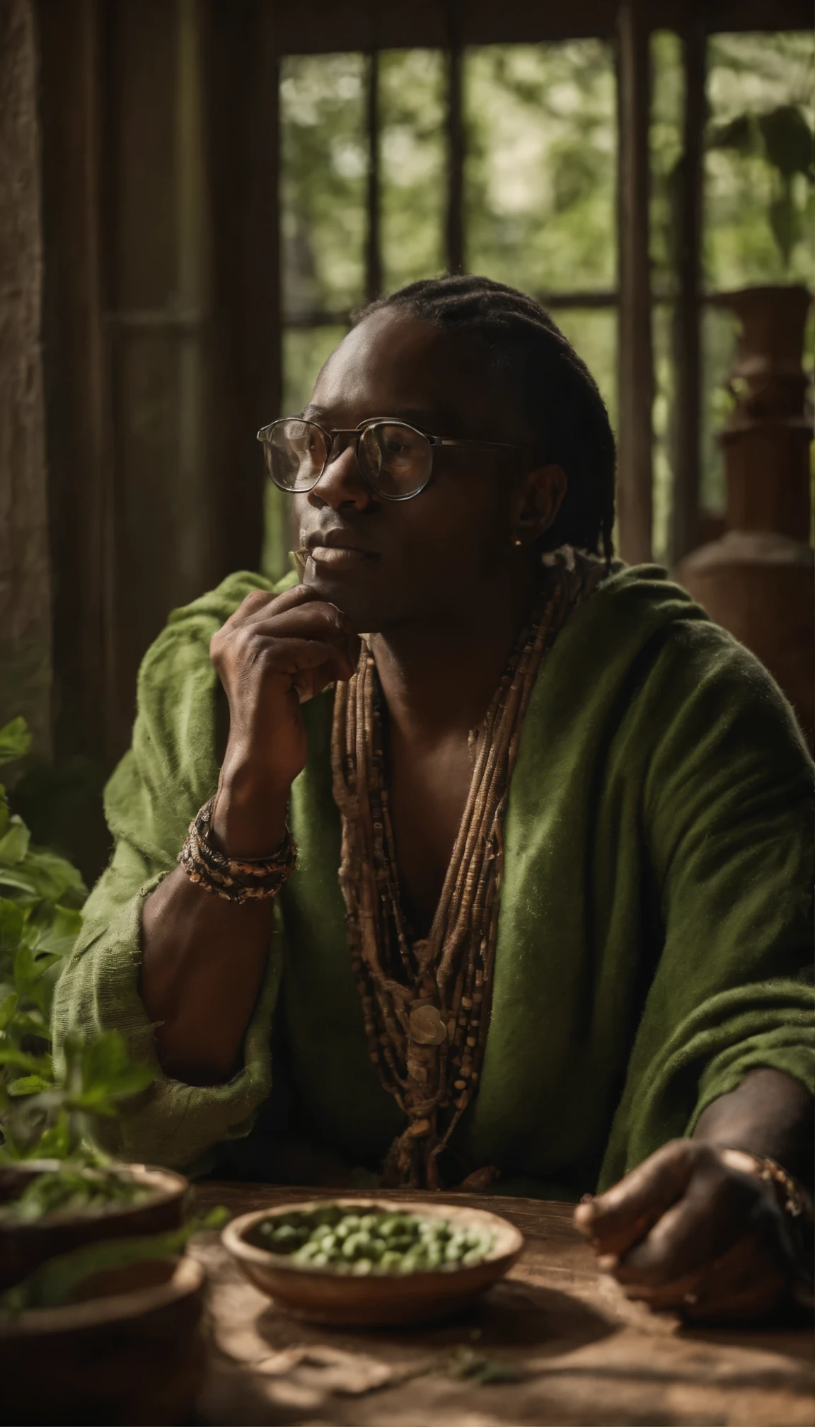 ((determined ((dark-skinned ((Haitian)) male wizard with freeform braided hairstyle wearing glasses)) rolling up herbal joint while waiting for tea to boil, (wearing detailed flowing wizard's robe), (cannabis flower tattoos on arms and legs), high quality photo, relaxing and smoking in the kitchen (with copious tall cannabis sativa plants and hydrangeas surrounding scene with foggy sunrise visible through large glass window), masterpiece, highly detailed, perfect face