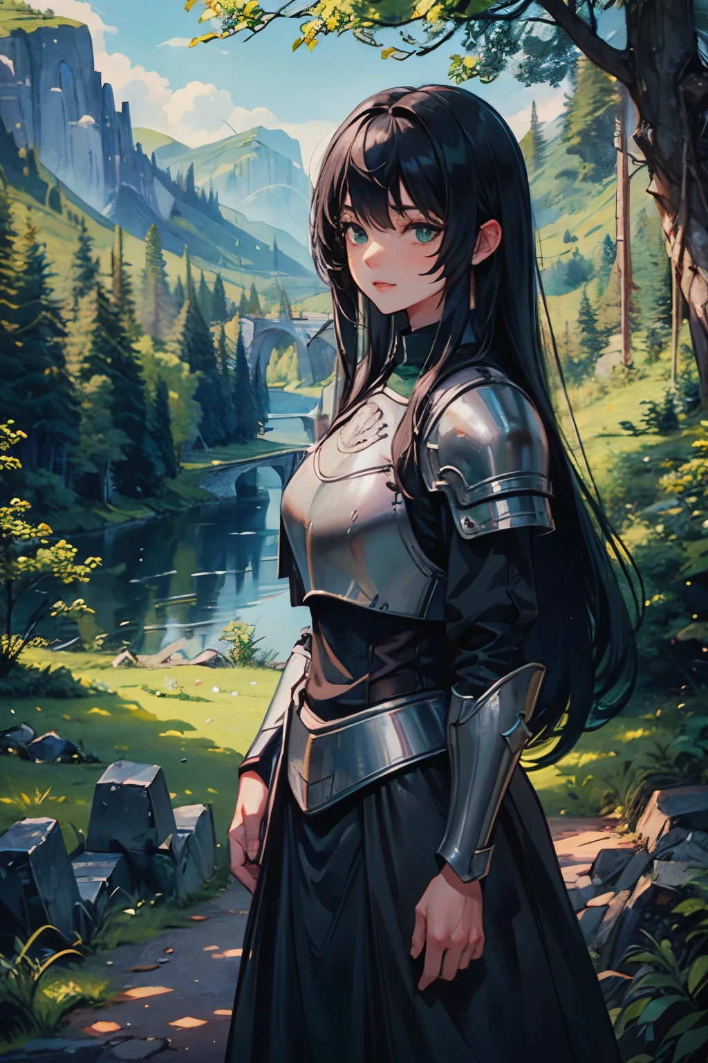 (((masterpiece))), (((best quality))), ((ultra-detailed)), (cinematic lighting), (illustration), (beautiful detailed eyes), (1girl), full body, space, knight, armour, light hair, walking, castle in distance, best quality, expressive eyes, perfect face, Girl: (20s, black hair, long hair, dark green shirt, armour),