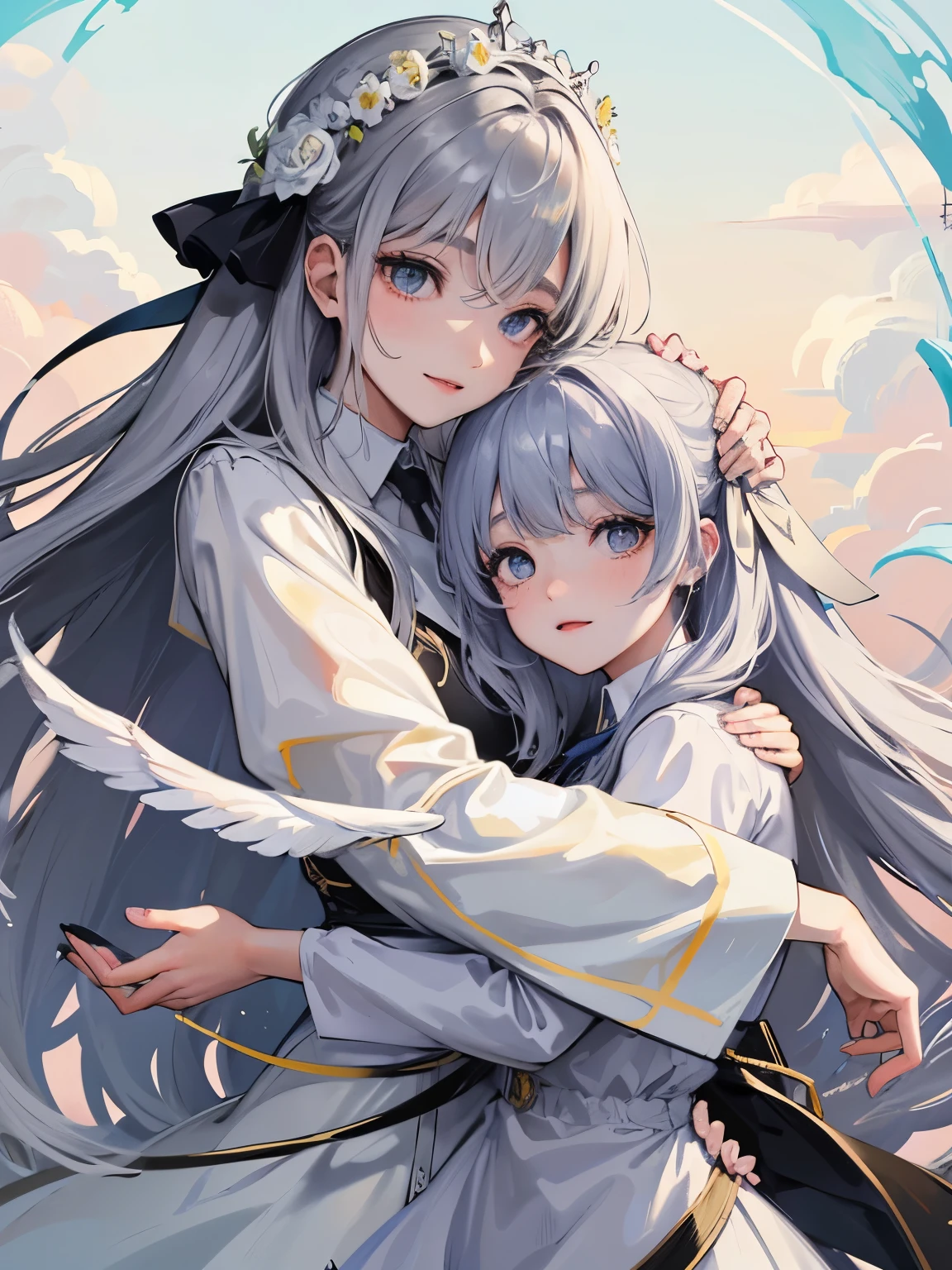 1 girl、blouse、detailed face、long hair with gray hair、light blue eyes、round eyes、hair arrange、tie a ribbon on the chest、Smiling Girl、drooping eyes、droopy eyes、17 years old、church、Patsun bangs、Highest image quality、simple clothes、pray、hug、Angel、Angelの羽、Angelの輪、bright background、light in the eyes