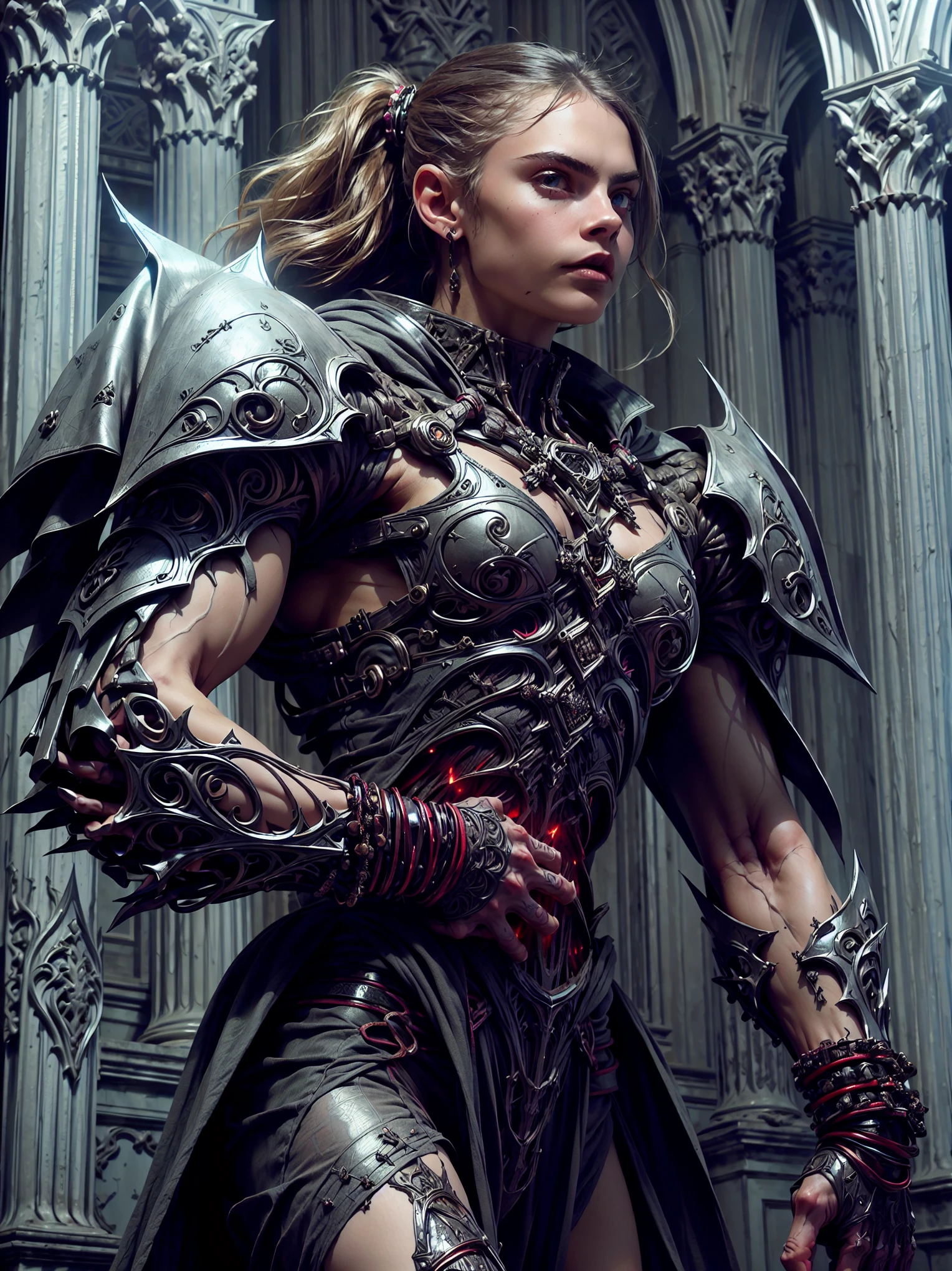 (1 girl), (cara delevingne:1.25), (pure white skin:1.25), Beautiful vampire girl dressed in ornate medieval vampiric full body armor, (perfect fingers:1.24), (extreme muscular definition:1.5), (vampiric body armor:1.25), (huge muscular arms:1.5,) (10-pack abs:1.4), (lots of veins:1.25), Ultra Realistic, Very detailed face and eyes, a true masterpiece, with an atmosphere of horror, gothica, blood, haunted cathedrals