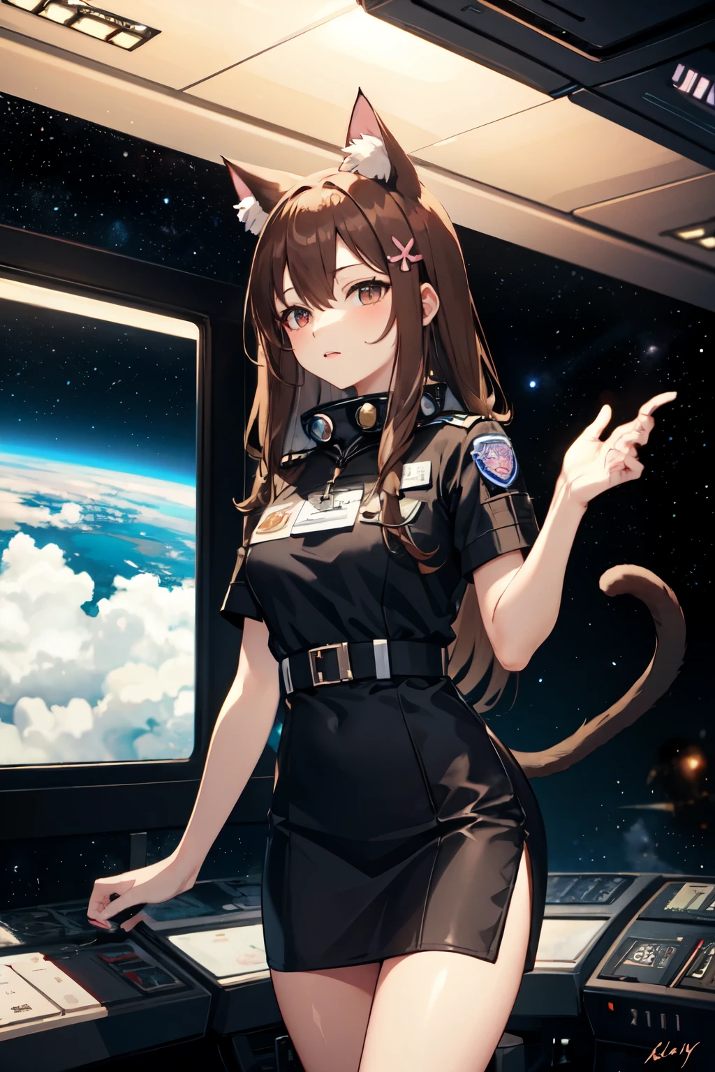 neko, cat ears, cat tail, brown hair, 1girl, black dress, sakura view, colony view, city view, anatomically correct, masterpiece, space station 13, pilot lieutenante, catgirl, space, space ship, space ship bridge, long hair, adult character, name badge, name "Elvy"