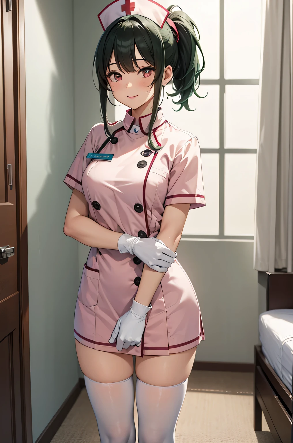 1girl, solo, nurse, nurse cap, white wear, ((white legwear, zettai ryouiki)), white gloves, ponytail, green hair, pink eyes, smile, standing, ((hospital room)), sharp outline, short sleeves, best quality, masterpiece