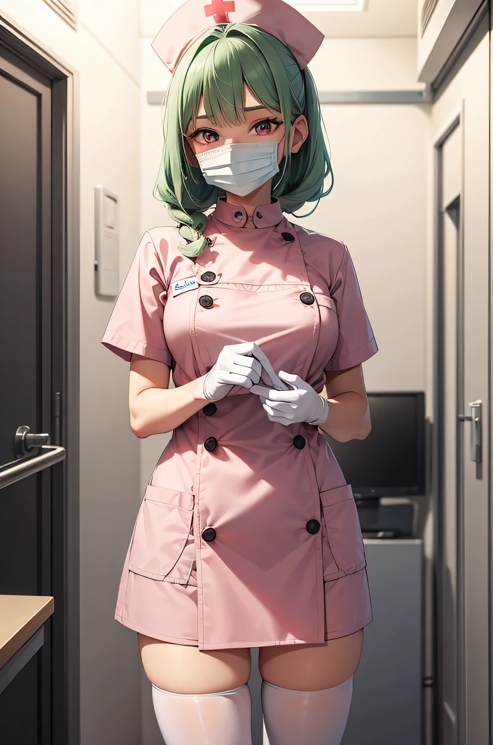 1 girl, alone, nurse, nurse cap, Whiteware, ((white legwear, zettai ryouiki)), white gloves, ponytail, green hair, pink eyes, ((White surgical mask, Covered nose)), Are standing, ((hospital room)), sharp outline, short sleeve, highest quality, masterpiece