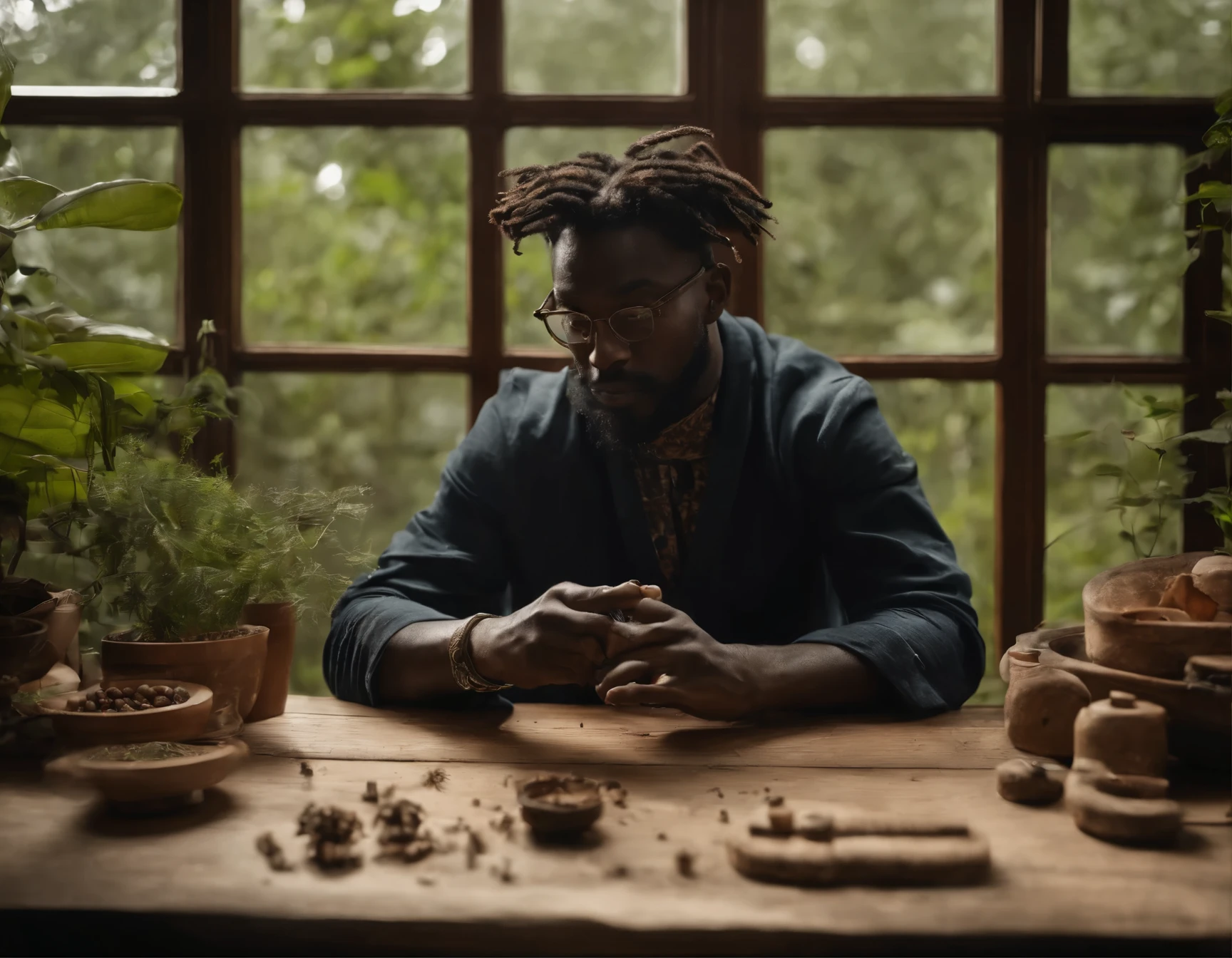 ((determined ((dark-skinned ((Haitian)) male wizard with freeform braided hairstyle wearing glasses)) rolling up herbal joint while waiting for tea to boil, (wearing detailed flowing wizard's robe), (cannabis flower tattoos on arms and legs), high quality photo, relaxing and smoking in the kitchen (with copious tall cannabis sativa plants and hydrangeas surrounding scene with foggy sunrise visible through large glass window), masterpiece, highly detailed, perfect face