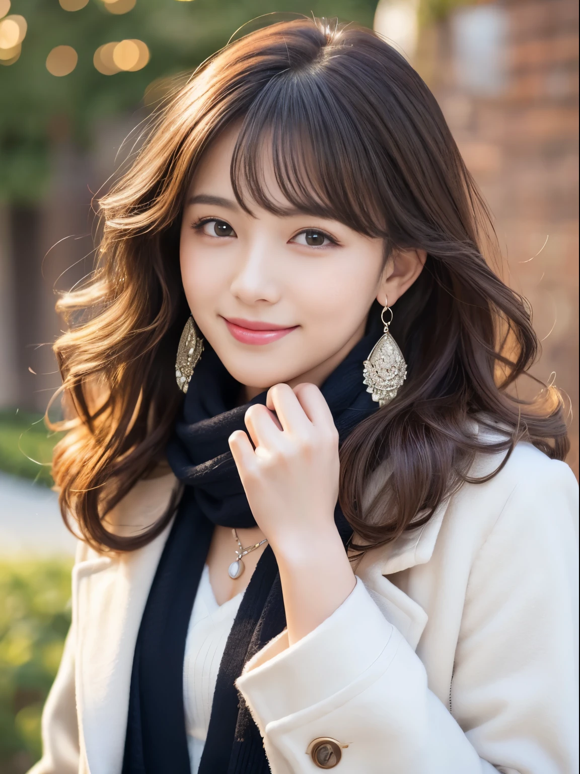 highest quality,ultra high resolution,RAW photo,1 girl,loose perm hair、dark brown hair、Japanese、loose perm hair、smile、professional photos、Same skin type as Humanra in the background、I draw it faithfully to the anatomy...、very detailed and beautiful、super high quality、Hair swaying and sexy、highly detailed beautiful girl、from head to waist、earrings、necklace、from head to waist.Sparkling、long coat、white coat、winter、smile、comb hair、scarf、fluffy、garden、from head to knees、handbag、comb your hair