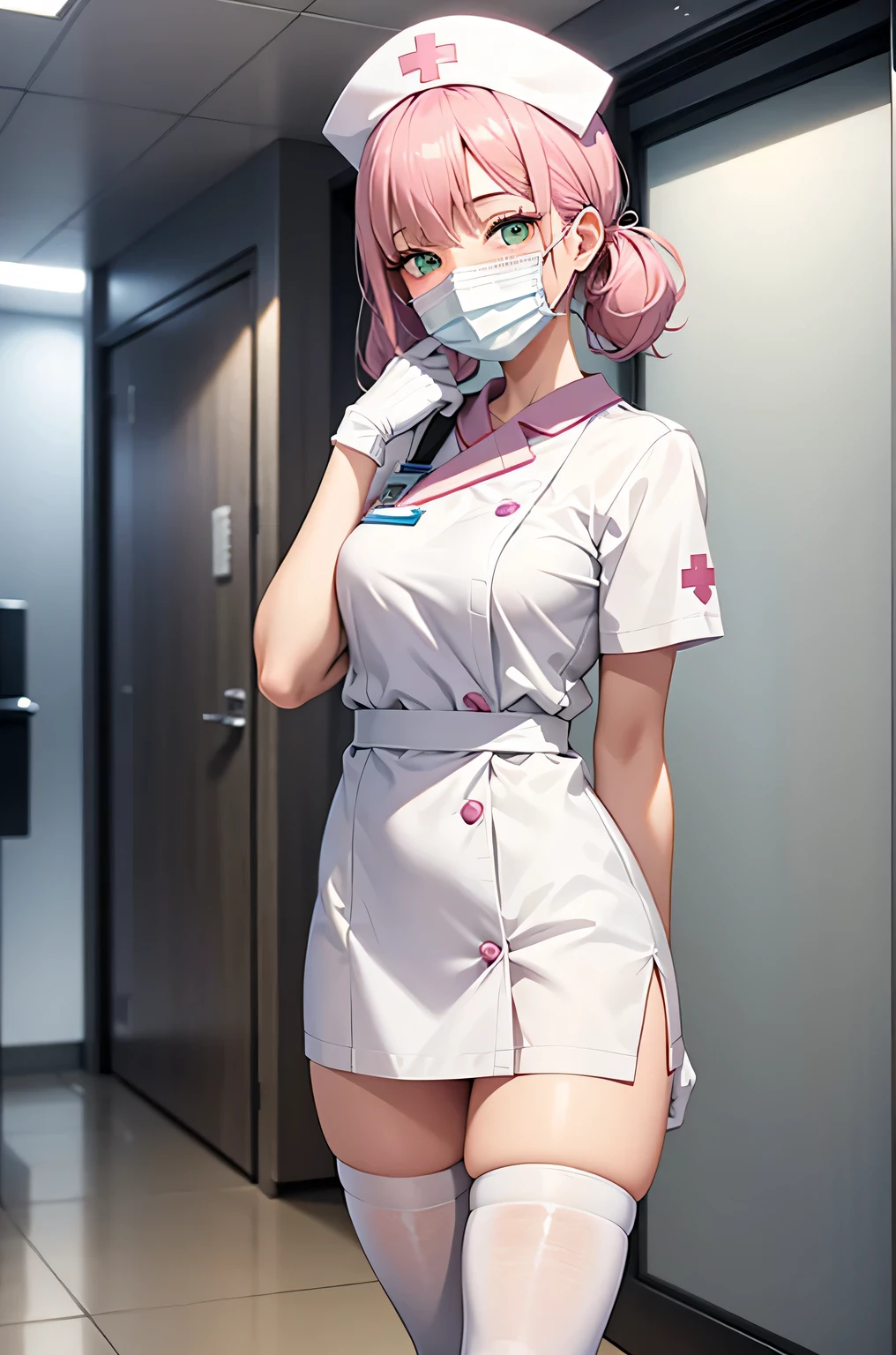 1 girl, alone, nurse, nurse cap, Whiteware, ((white legwear, zettai ryouiki)), white gloves, pink hair, green eyes, droopy eyes, ((White surgical mask, Covered nose)), Are standing, ((hospital room)), sharp outline, short sleeve, highest quality, masterpiece