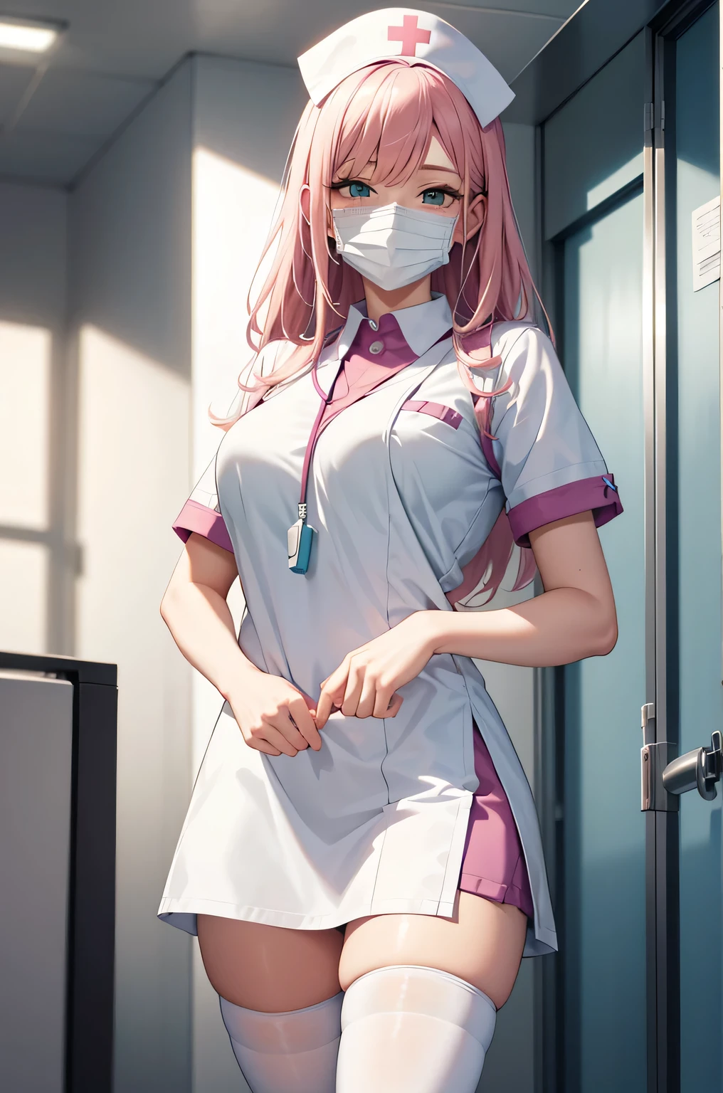 1 girl, alone, nurse, nurse cap, Whiteware, ((white legwear, zettai ryouiki)), white gloves, pink hair, green eyes, droopy eyes, ((White surgical mask, Covered nose)), Are standing, ((hospital room)), sharp outline, short sleeve, highest quality, masterpiece