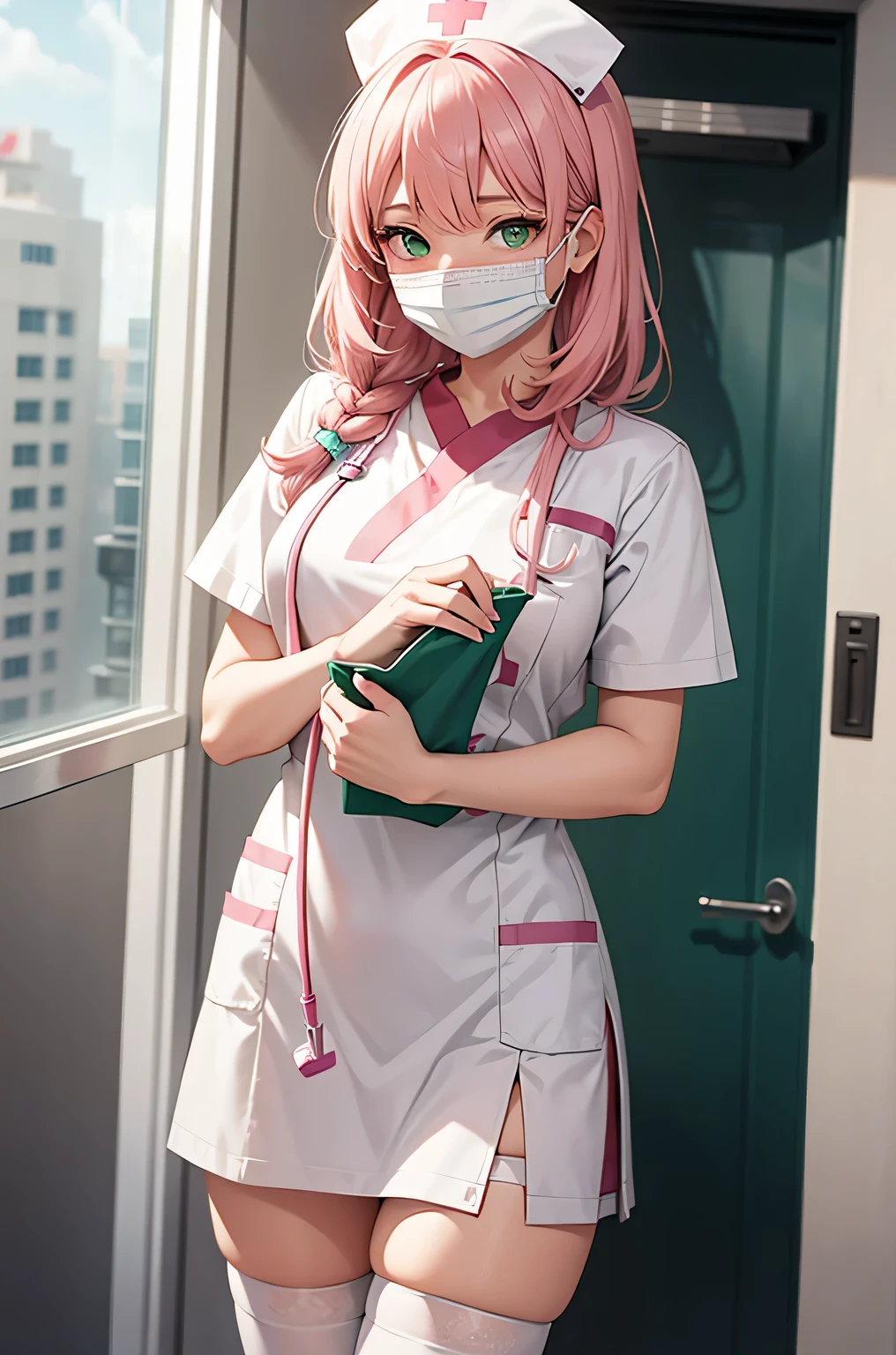 1 girl, alone, nurse, nurse cap, Whiteware, ((white legwear, zettai ryouiki)), white gloves, pink hair, green eyes, droopy eyes, ((White surgical mask, Covered nose)), Are standing, ((hospital room)), sharp outline, short sleeve, highest quality, masterpiece