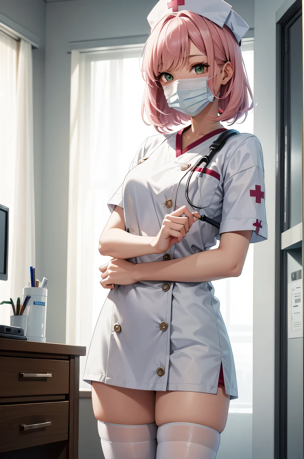 1 girl, alone, nurse, nurse cap, Whiteware, ((white legwear, zettai ryouiki)), white gloves, pink hair, green eyes, droopy eyes, ((White surgical mask, Covered nose)), Are standing, ((hospital room)), sharp outline, short sleeve, highest quality, masterpiece