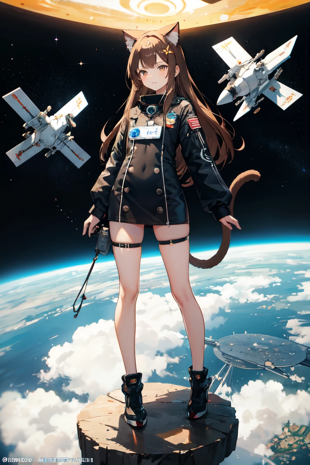 neko, cat ears, cat tail, brown hair, 1girl, black dress, sakura view, colony view, city view, anatomically correct, masterpiece, space station 13, pilot lieutenante, catgirl, space, space ship, space ship bridge, long hair, adult character, name badge, name "Elvy"
