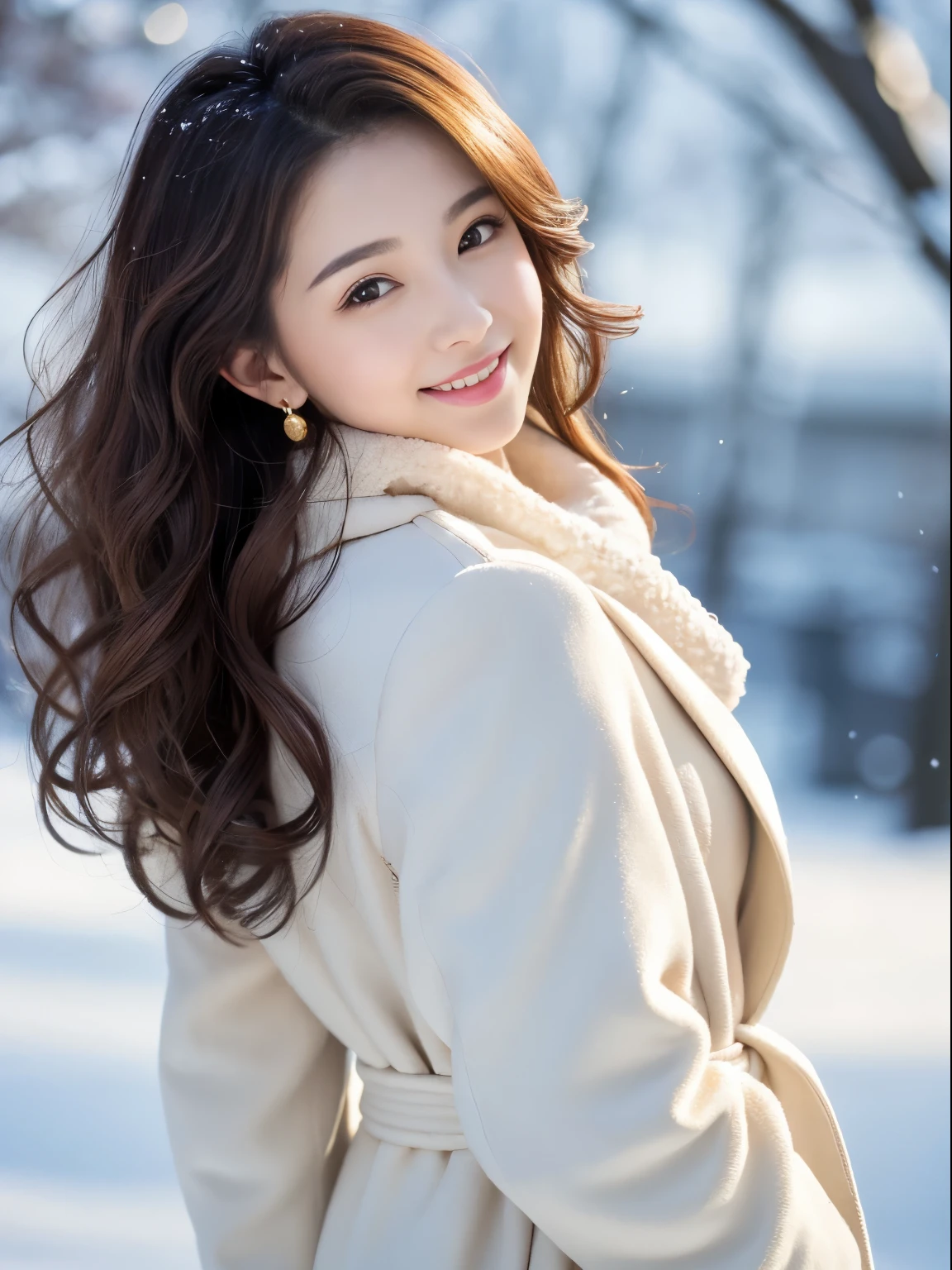 highest quality，ultra high resolution，RAW photo，1 girl，loose perm hair、dark brown hair、Japanese、loose perm hair、smile、professional photos、Same skin type as Humanra in the background、I draw it faithfully to the anatomy...、very detailed and beautiful、super high quality、Hair swaying and sexy、highly detailed beautiful girl、from head to waist、earrings、necklace、from head to waist.Sparkling、long coat、white coat、winter、smile、comb hair、scarf、fluffy、turn around、snow
