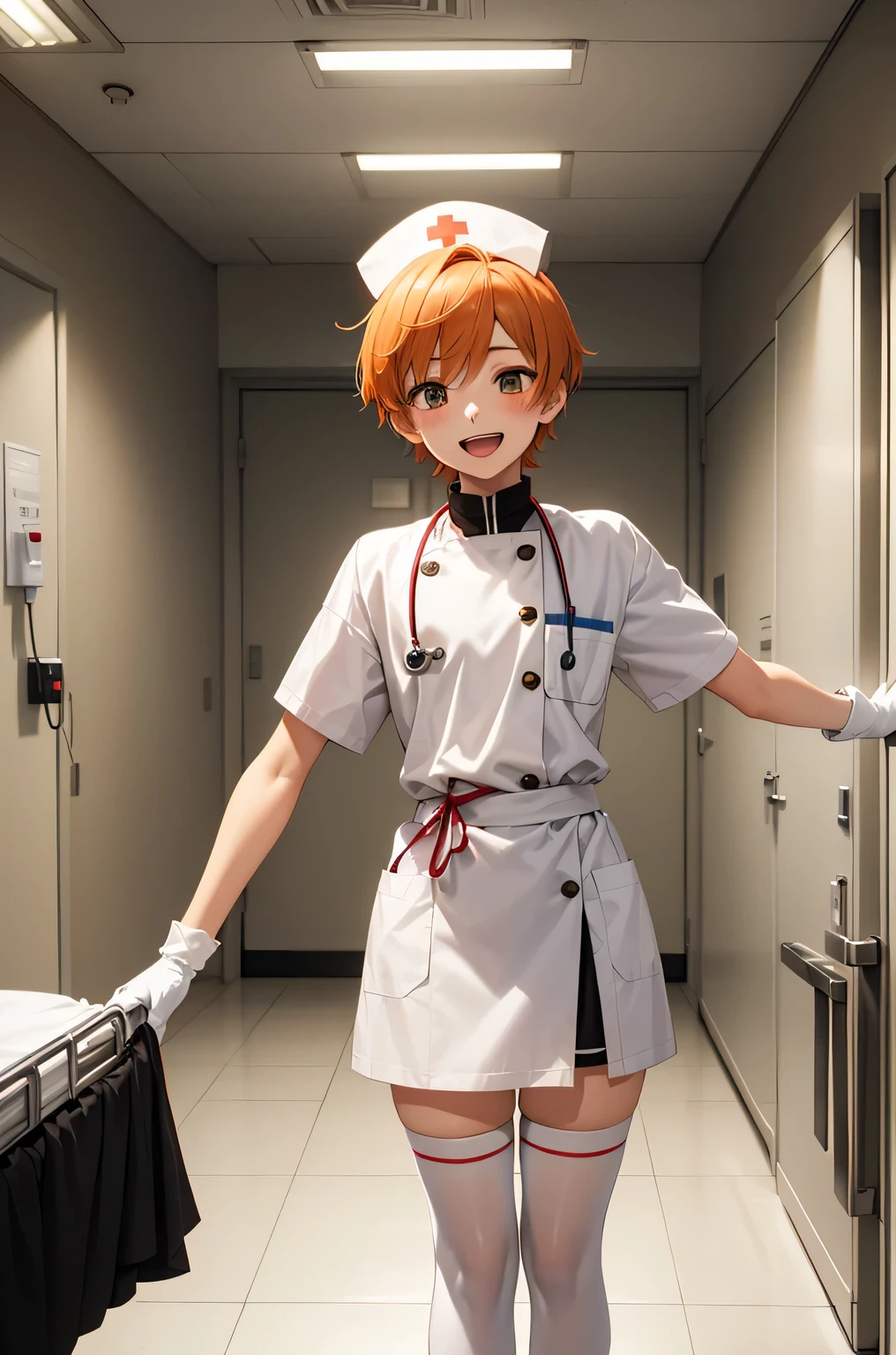1 boy, alone, male focus, nurse, nurse cap, Whiteware, ((white legwear, zettai ryouiki)), white gloves, short hair, orange hair, smile, open your mouth, Are standing, ((hospital room)), sharp outline, short sleeve, Shota, 12 years old, highest quality, masterpiece