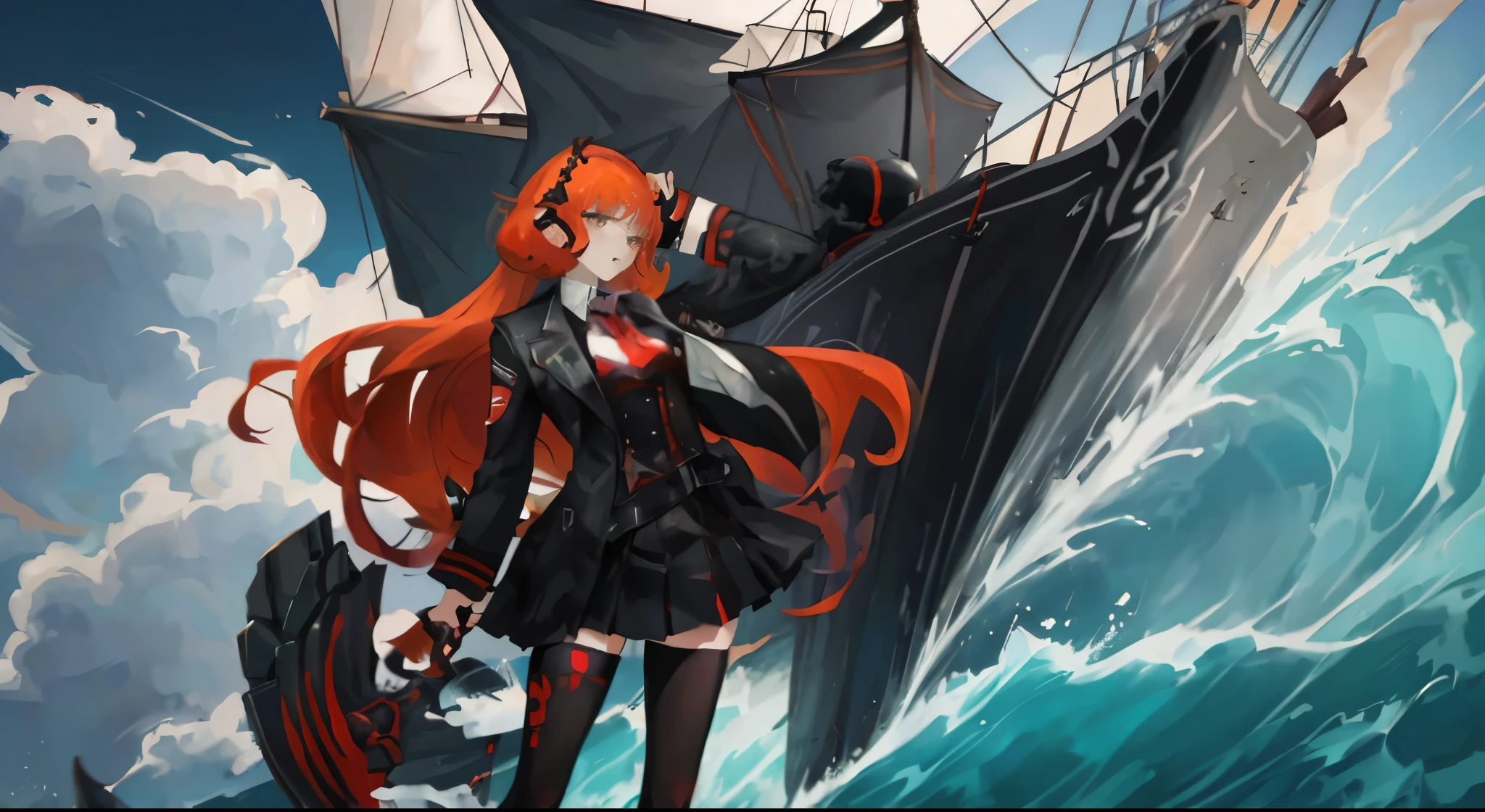 A masterpiece of absurdity，an anime girl，Standing on a whaling boat，Great waves are raging，Lightning，heavily clouded，violent storm，serious expression，Extra long red hair，heavily clouded的夜晚，Take a harpoon, , zero art, girl in suit, Orange hair anime girl, from limbus company , Ishmael , Persona 5 art style wlop, guweiz style artwork, Popular topics on artstation pixiv