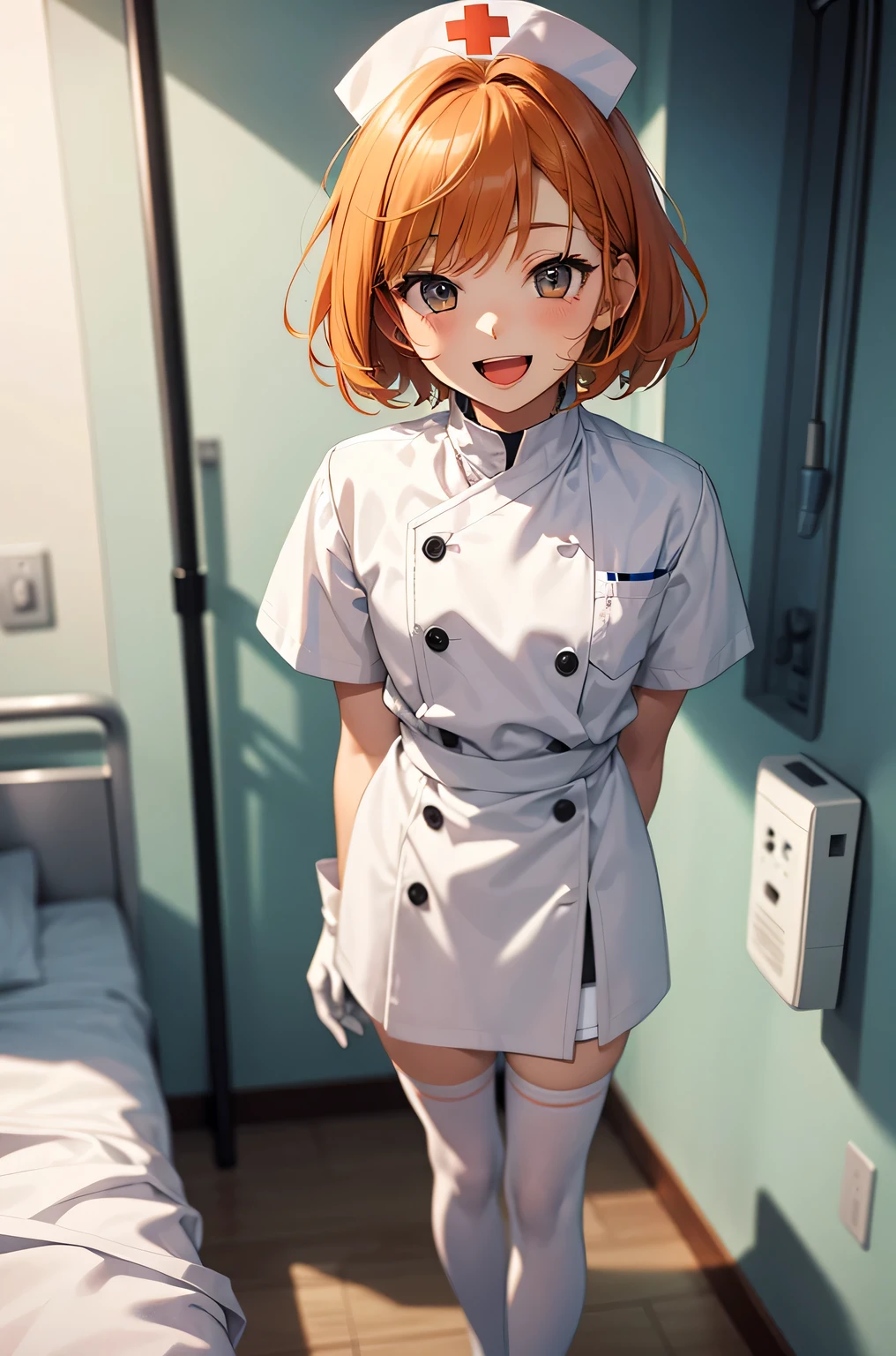 1 boy, alone, male focus, nurse, nurse cap, Whiteware, ((white legwear, zettai ryouiki)), white gloves, short hair, orange hair, smile, open your mouth, Are standing, ((hospital room)), sharp outline, short sleeve, Shota, 12 years old, highest quality, masterpiece