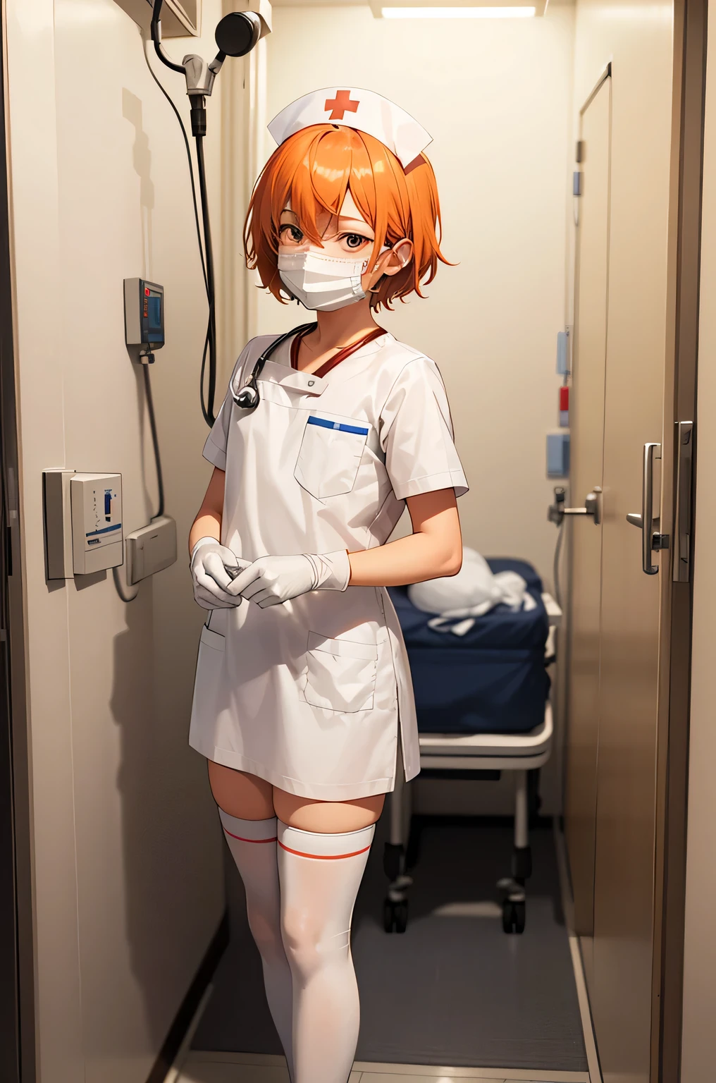 1 boy, alone, male focus, nurse, nurse cap, Whiteware, ((white legwear, zettai ryouiki)), white gloves, short hair, orange hair, ((White surgical mask, Covered nose)), Are standing, ((hospital room)), sharp outline, short sleeve, Shota, 12 years old, highest quality, masterpiece