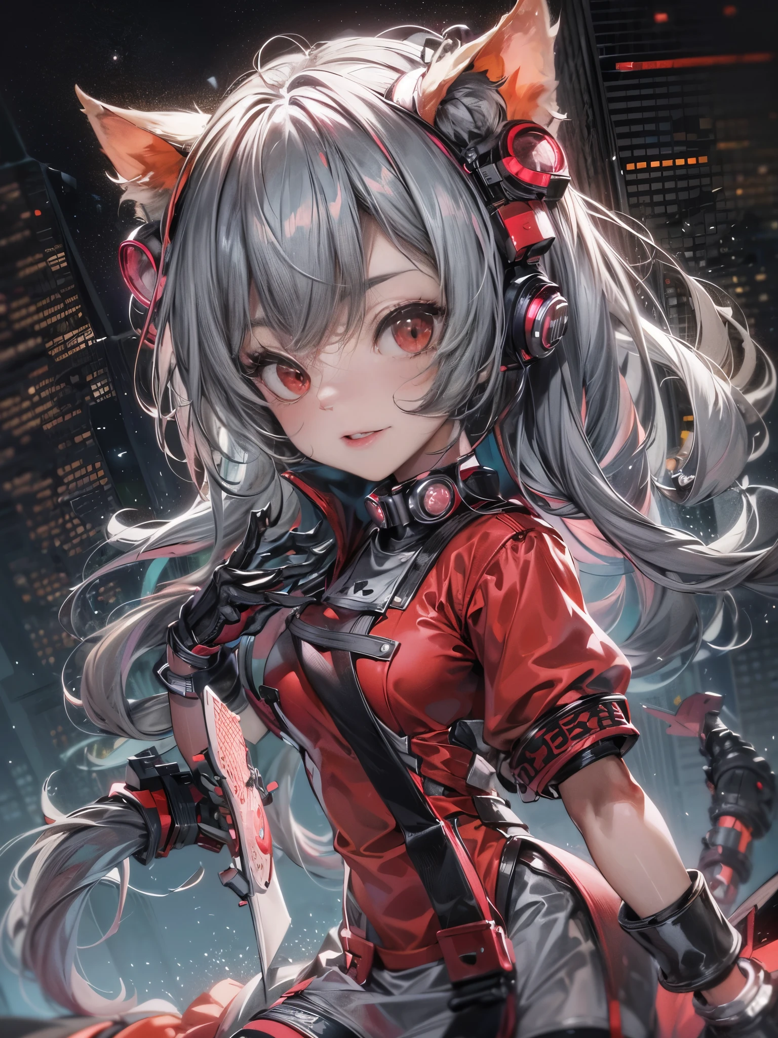 cinematic lighting,super dense skin、Beautiful quality with attention to detail,perfect anatomy,(replace、dim color, pleasant tone:1.3),midjourney anime style(Detailed beautiful facial features、red eyes:1.3)（A girl wearing a maid outfit with an apron:1.4）、（cyberpunk style apron:1.5） （put a gas mask on your face:1.8）（Girl Playing Guitar、highly detailed hands:1.2）Big city buildings at night、building roof、Skyscraper、Play the guitar（Highly detailed feet:1.3）、dynamism（、the night deepens、shining moon、beautiful night:1.5）monster cat girl、whole body