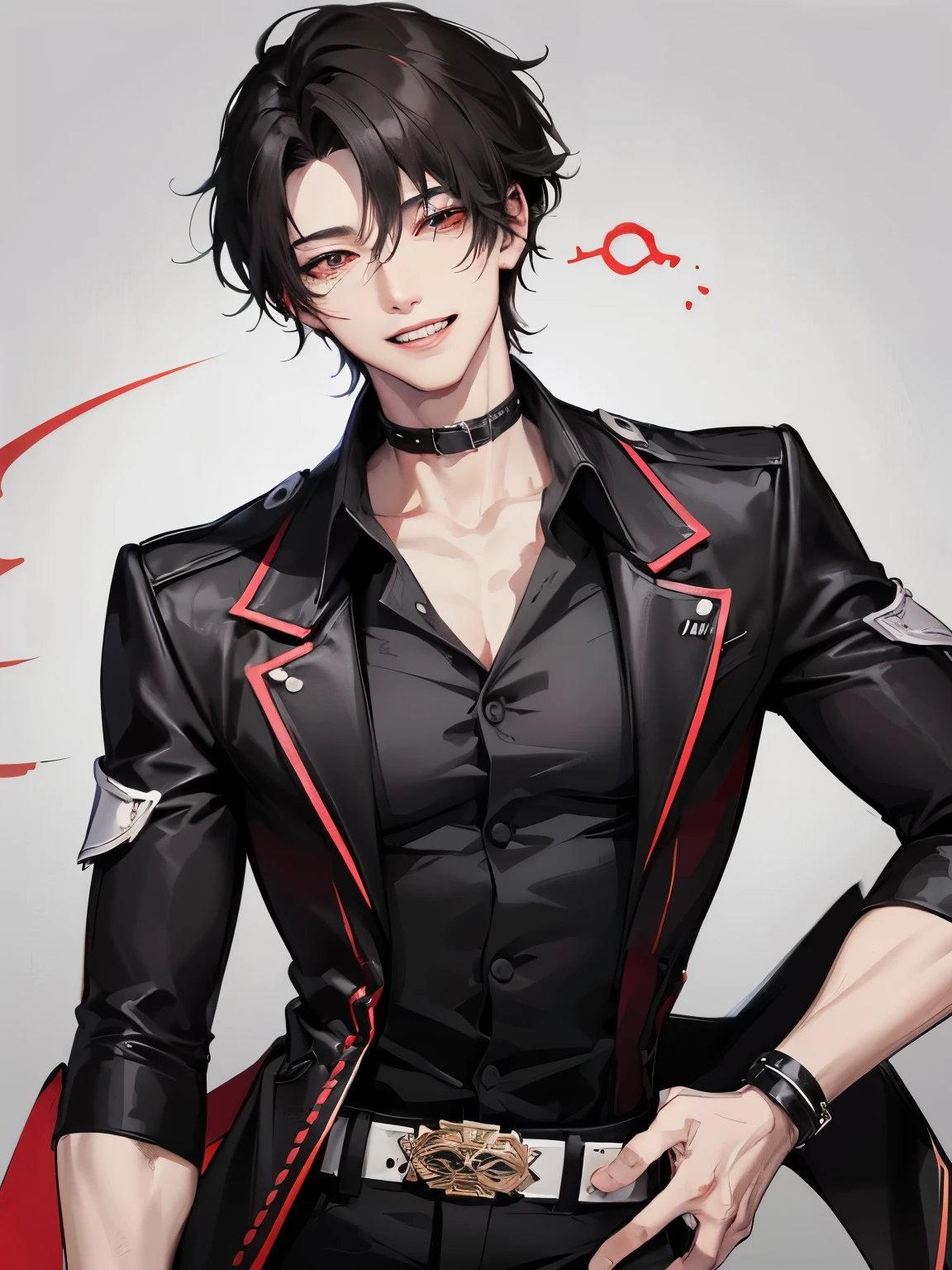 Handsome guy、one man、Red-eyed black-haired、slanted eyes、bad eyesight、detailed face、center division、double teeth、Men with short hair、a handsome guy、grin and laugh、mole、Simple white shirt