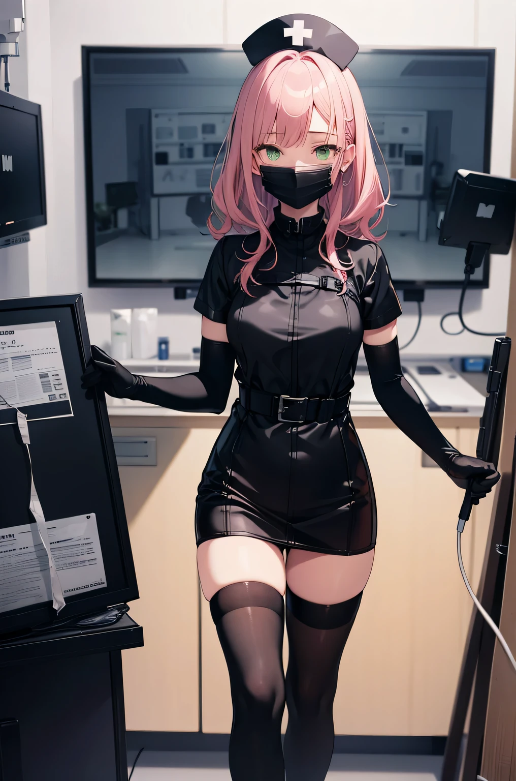 black nurse, 1 girl, alone, black nurse cap, Black Wear, ((black legwear, zettai ryouiki)), black elbow gloves, pink hair, green eyes, droopy eyes, ((Black surgical mask, Covered nose)), Are standing, ((operating room)), sharp outline, short sleeve, highest quality, masterpiece