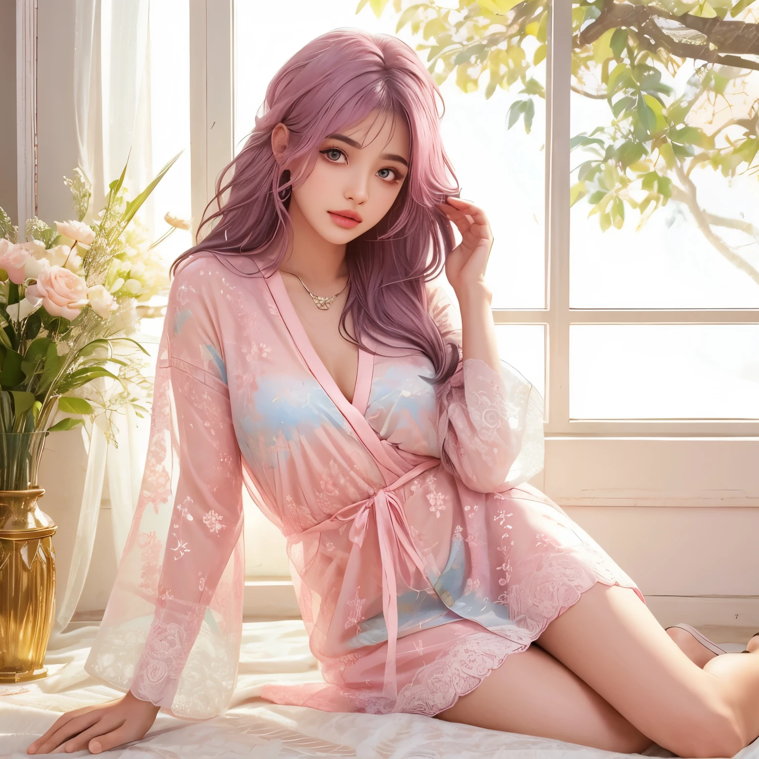 Mulher bonita com cabelo rosa, slightly faded hair roots, espanhol, influenciador, sardas claras, olhos castanhos em um top branco, peitos grandes, cabelo curto rosa no estilo de prata branca e escura, hannah Yata, y2k aesthetic, linhas finas, curvas delicadas, fallen/drapeado, liso e brilhante, Manjit Bawa