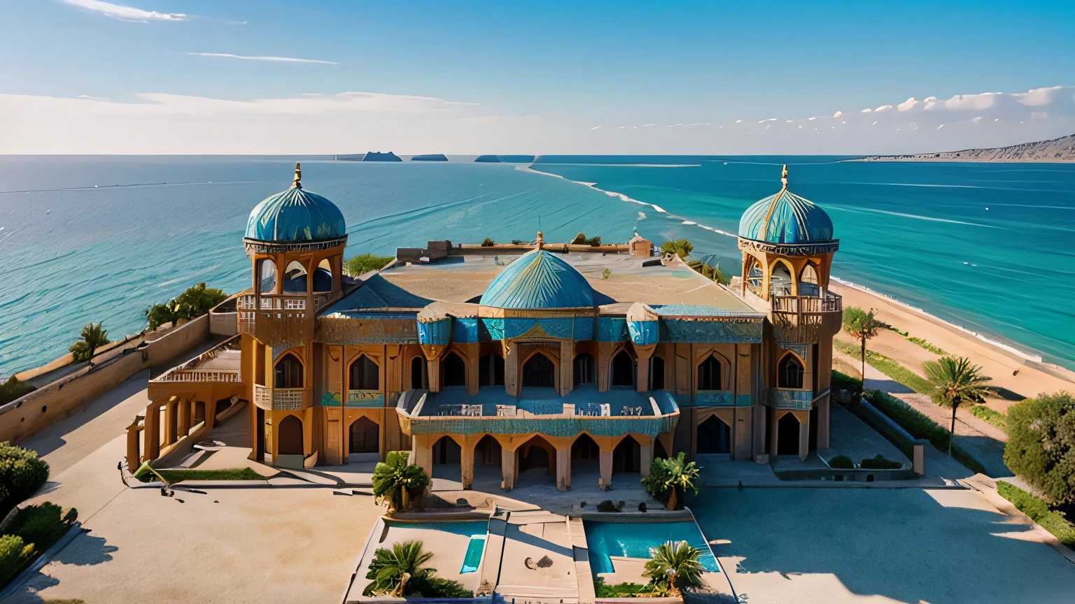 Create an enchanting depiction of an ancient Persian palace overlooking the sea, with vibrant colors and intricate architectural details