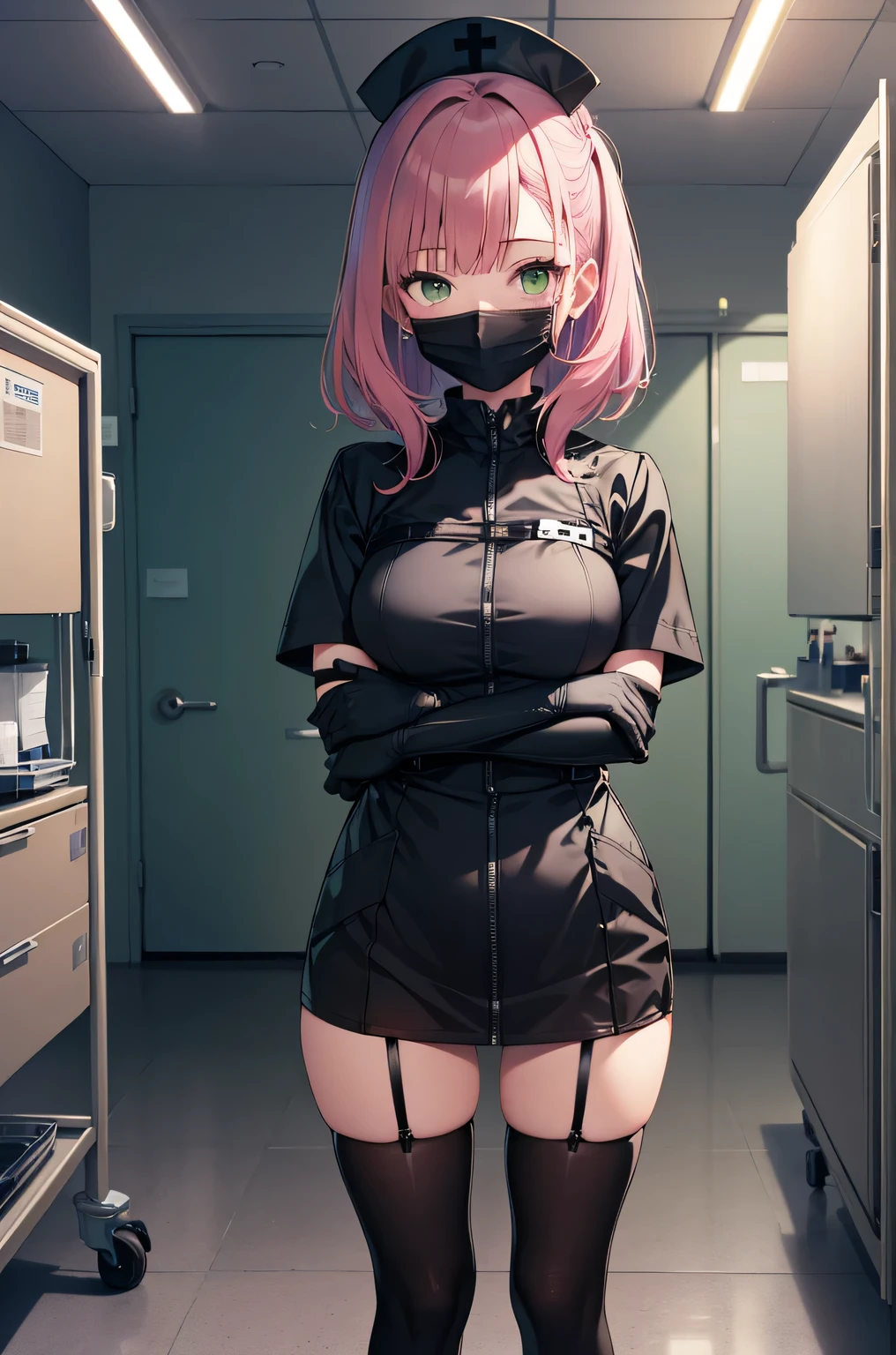 black nurse, 1 girl, alone, black nurse cap, Black Wear, ((black legwear, zettai ryouiki)), black elbow gloves, pink hair, green eyes, droopy eyes, ((Black surgical mask, Covered nose)), Are standing, ((operating room)), sharp outline, short sleeve, highest quality, masterpiece