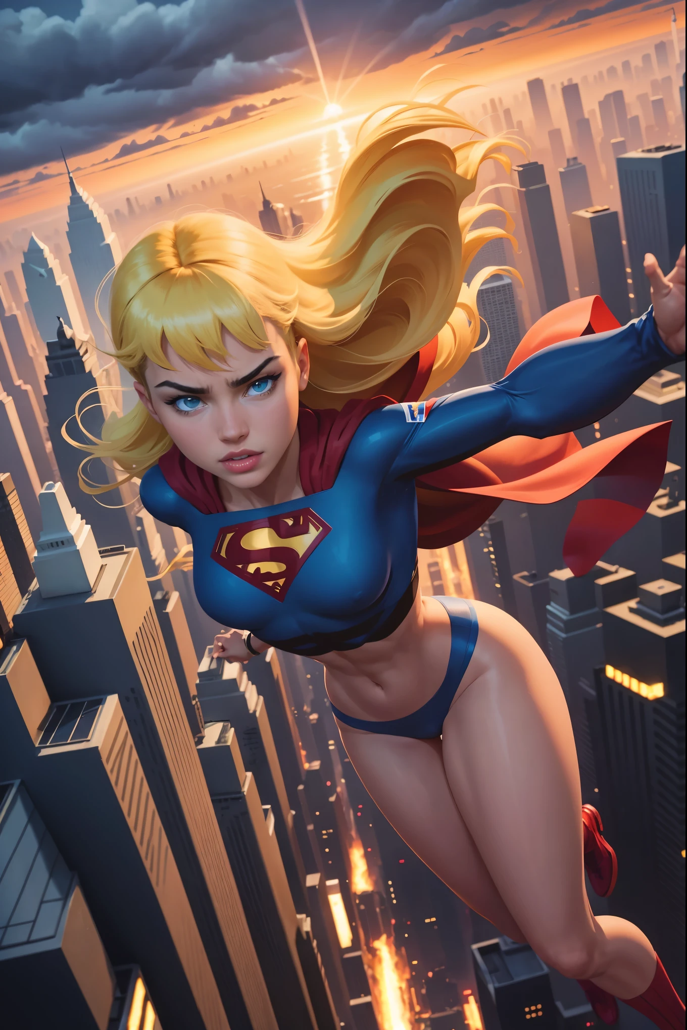 supergirl flying in the air, HDR, ultra-detailed, realistic:1.37, vibrant colors, shiny outfit, long flowing cape, powerful stance, confident expression, surreal background, dynamic motion blur, comic book style, dramatic lighting, intense energy, epic superhero pose, awe-inspiring height, majestic clouds, cityscape far below, sunset color palette, golden sunlight streaming, billowing winds, arched back, strong muscles, determined eyes, focused gaze, iconic symbol on chest, heroic silhouette, soaring through the sky, elaborate costume design, motion lines, speed lines