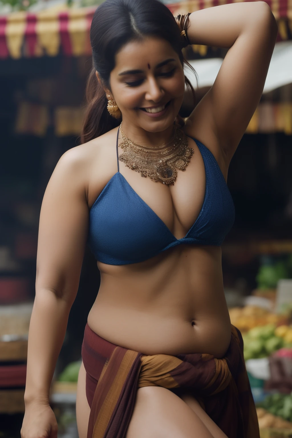 Nsfw, day scene, full frame photo of naked (jaya prada:0.1), big cheeks, nipples, bikini , perfect breasts, sweat, in market , hourglass figure, brown armpits, (blue eyes:1), ponytail, necklace, 30 yo, look at viewer and smile, (cinematic:1.3), intricate details, (ArtStation:1.2)