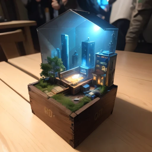 small realistic model, (bifurcation, original photo, best quality, masterpiece:1.4),Steampunk Cyberpunk 2916,(Cyberpunk light:1.3),on the table,horizon (related to land),(in a small nature box:1.3),Isometric, small nature, landscape on foundation,landscape,Distant focus（（Lunar soil background））