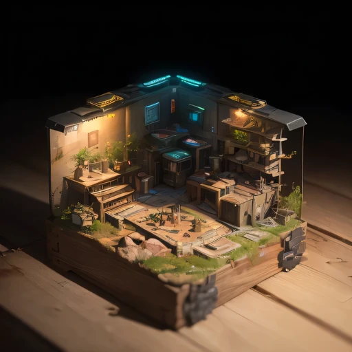 small realistic model, (bifurcation, original photo, best quality, masterpiece:1.4),Steampunk Cyberpunk 2916,(Cyberpunk light:1.3),on the table,horizon (related to land),(in a small nature box:1.3),Isometric, small nature, landscape on foundation,landscape,Distant focus（（Lunar soil background））